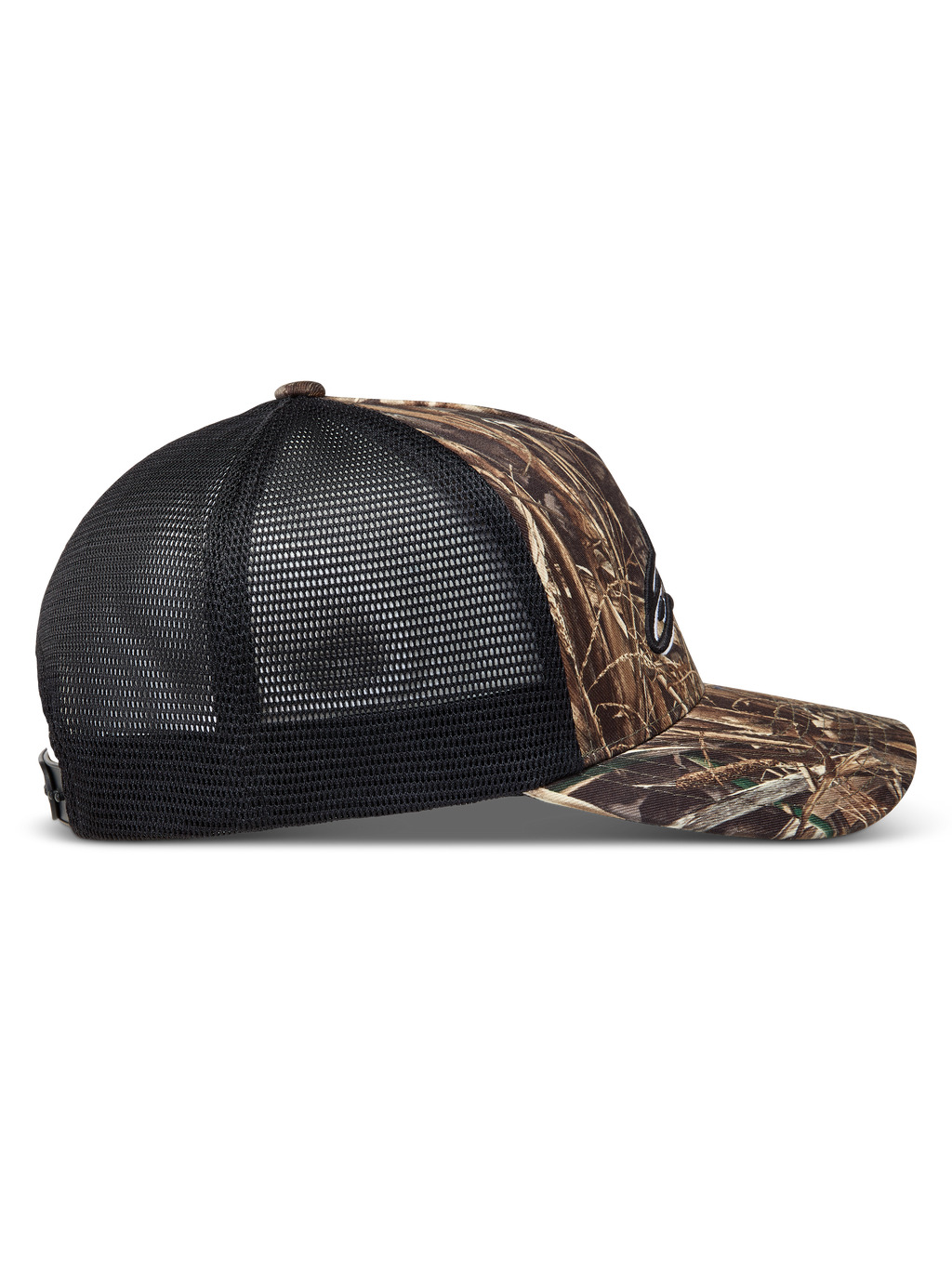 Alpinestars Thicket Realtree Trucker, czarna czapka z daszkiem camo, zakrzywiony daszek, oddychająca siateczka, widok z boku.