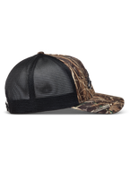 Alpinestars Thicket Realtree Trucker, czarna czapka z daszkiem camo, zakrzywiony daszek, oddychająca siateczka, widok z boku.