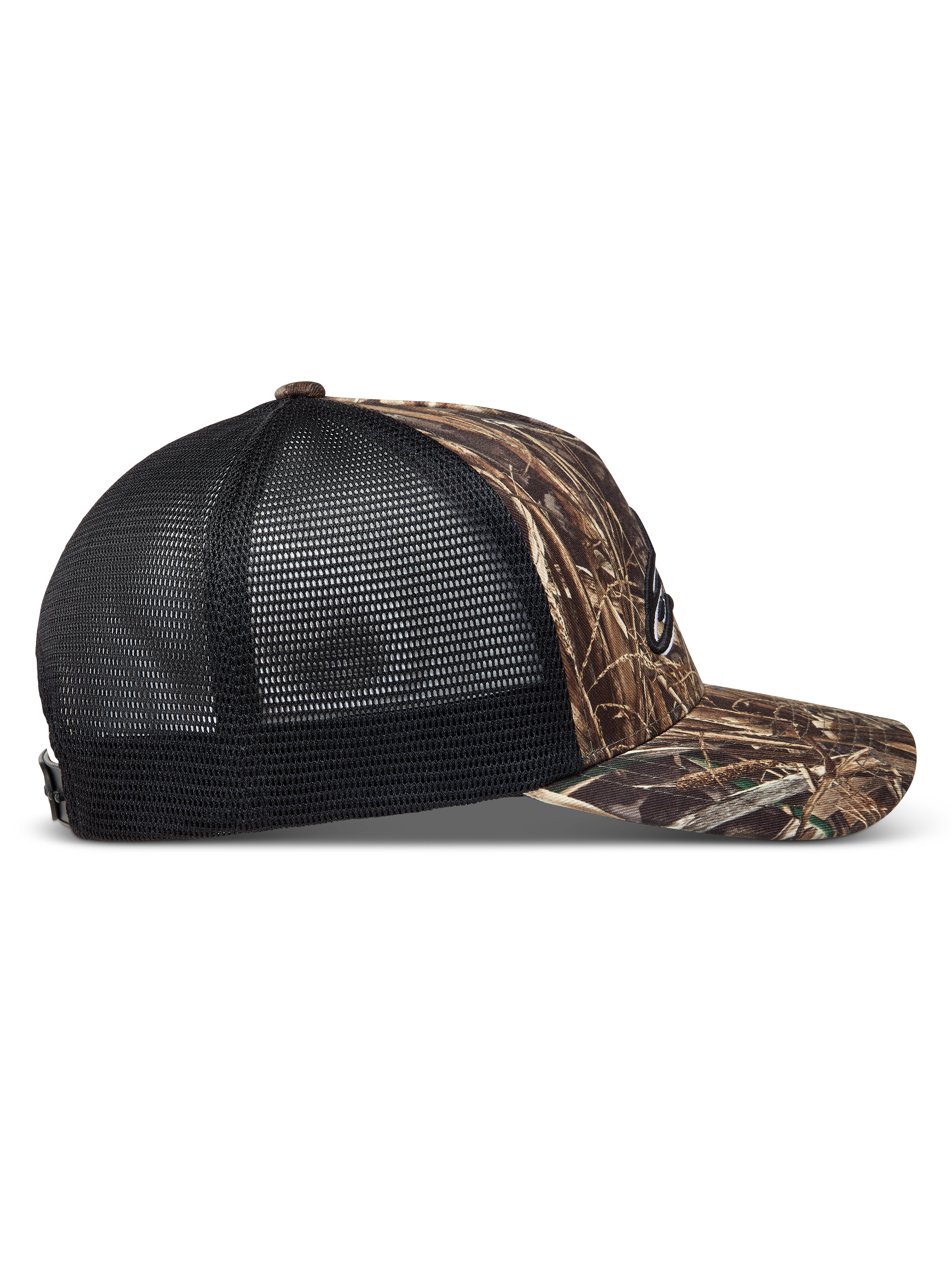 Alpinestars Thicket Realtree Trucker, czarna czapka z daszkiem camo, zakrzywiony daszek, oddychająca siateczka, widok z boku.