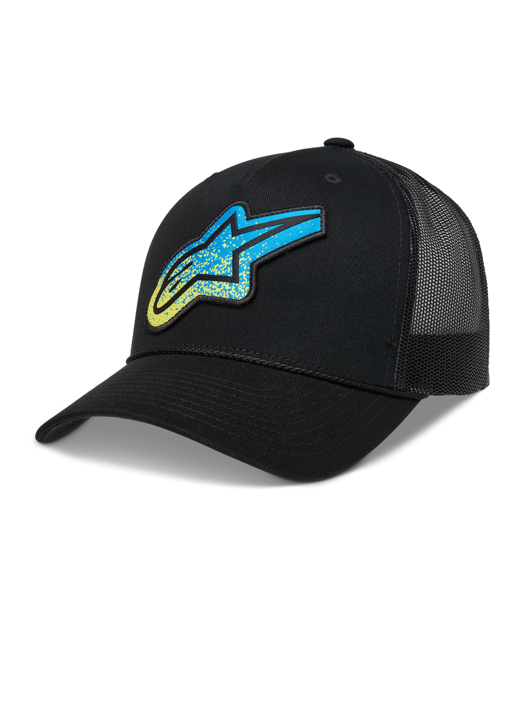 Alpinestars Meteorite Trucker, czarna czapka z daszkiem, niebieskie i żółte logo Astars z teksturą żwiru i siatką.