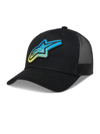 Alpinestars Meteorite Trucker, czarna czapka z daszkiem, niebieskie i żółte logo Astars z teksturą żwiru i siatką.