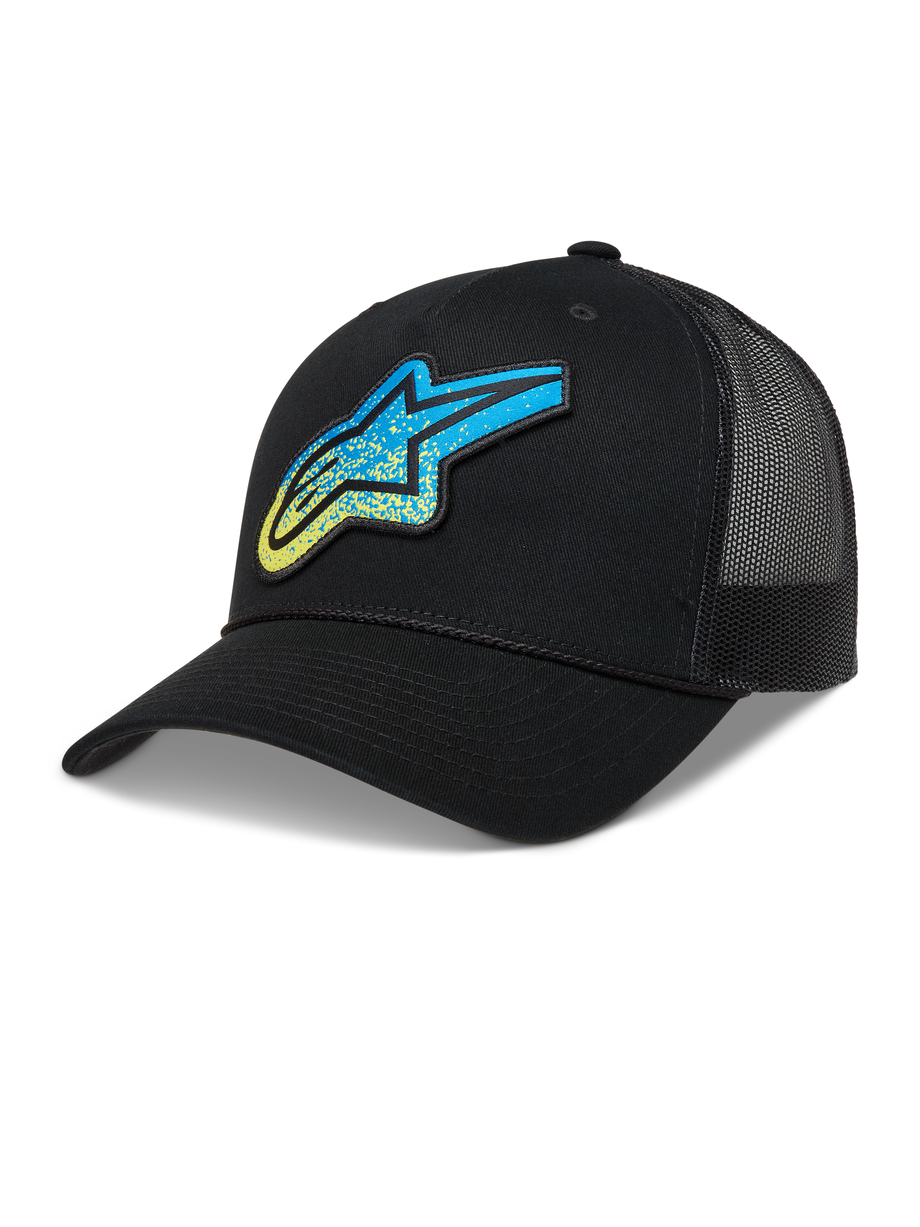 Alpinestars Meteorite Trucker, czarna czapka z daszkiem, niebieskie i żółte logo Astars z teksturą żwiru i siatką.
