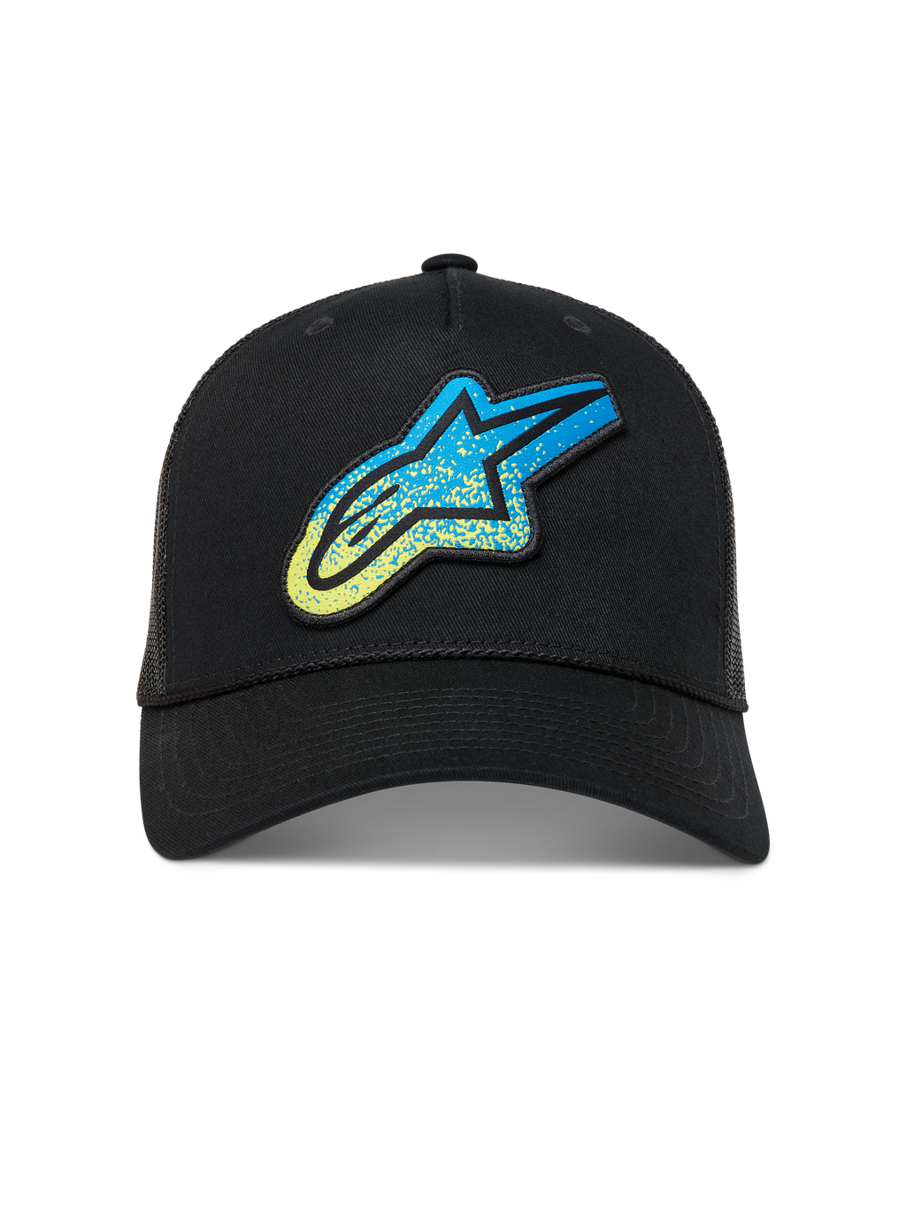 Alpinestars Meteorite Trucker, czarna czapka sportowa z niebiesko-żółtym logo Astars i siatkowym tyłem.