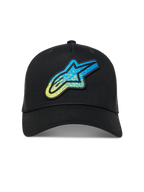 Alpinestars Meteorite Trucker, czarna czapka sportowa z niebiesko-żółtym logo Astars i siatkowym tyłem.