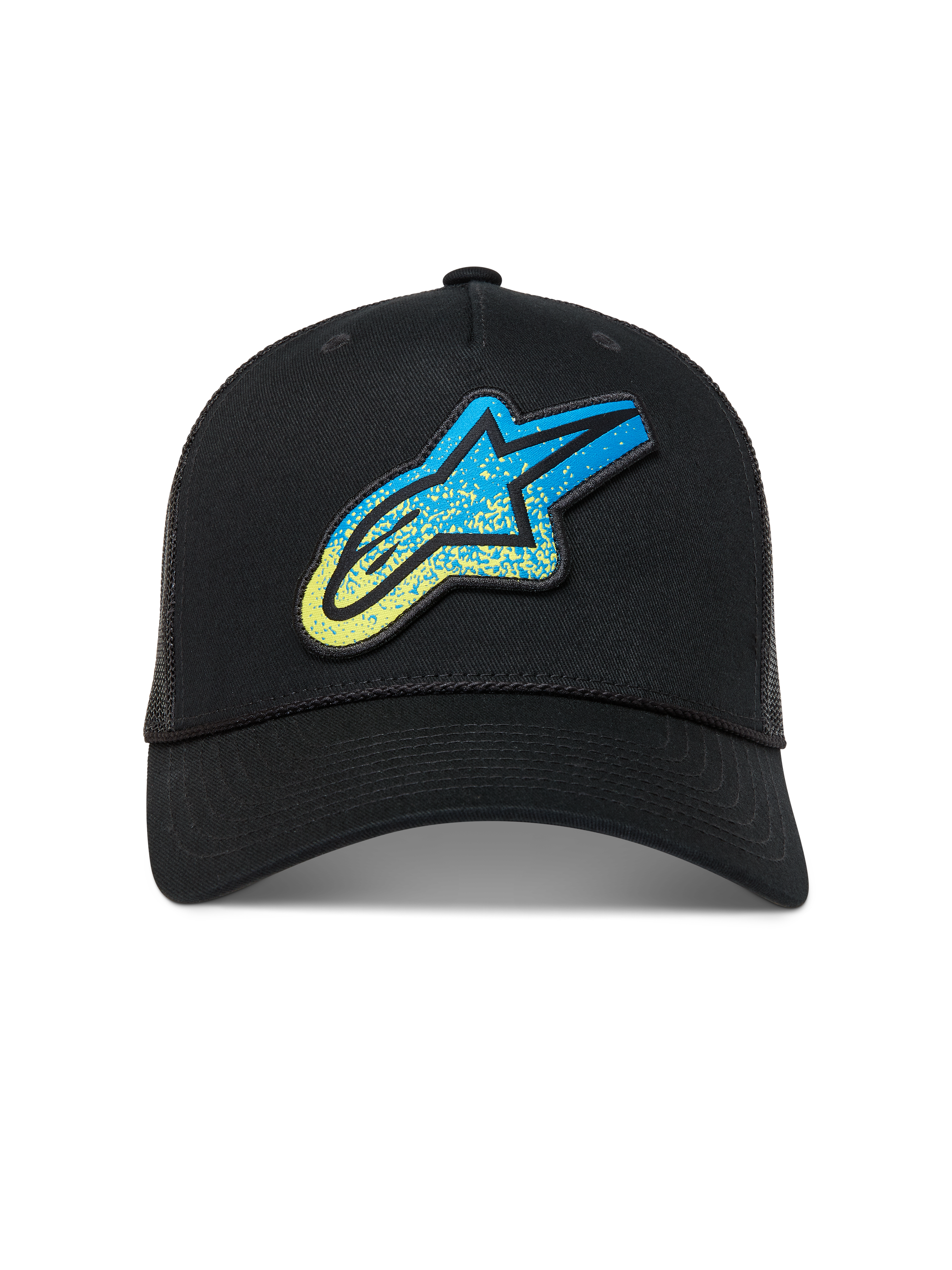 Alpinestars Meteorite Trucker, czarna czapka sportowa z niebiesko-żółtym logo Astars i siatkowym tyłem.