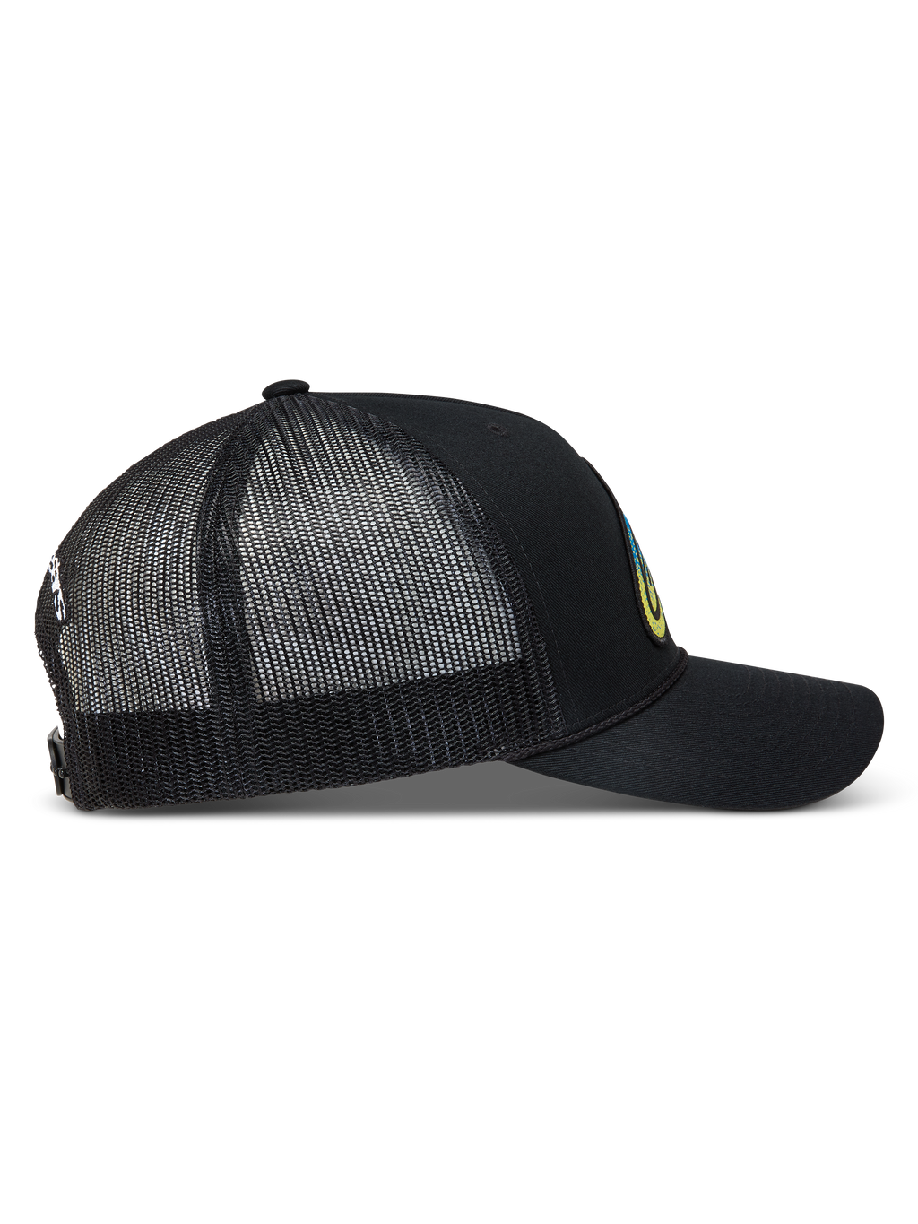 Alpinestars Meteorite Trucker Hat, czarna czapka z daszkiem z oddychającą siatką, zakrzywiony daszek, zapięcie typu snapback.