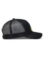 Alpinestars Meteorite Trucker Hat, czarna czapka z daszkiem z oddychającą siatką, zakrzywiony daszek, zapięcie typu snapback.