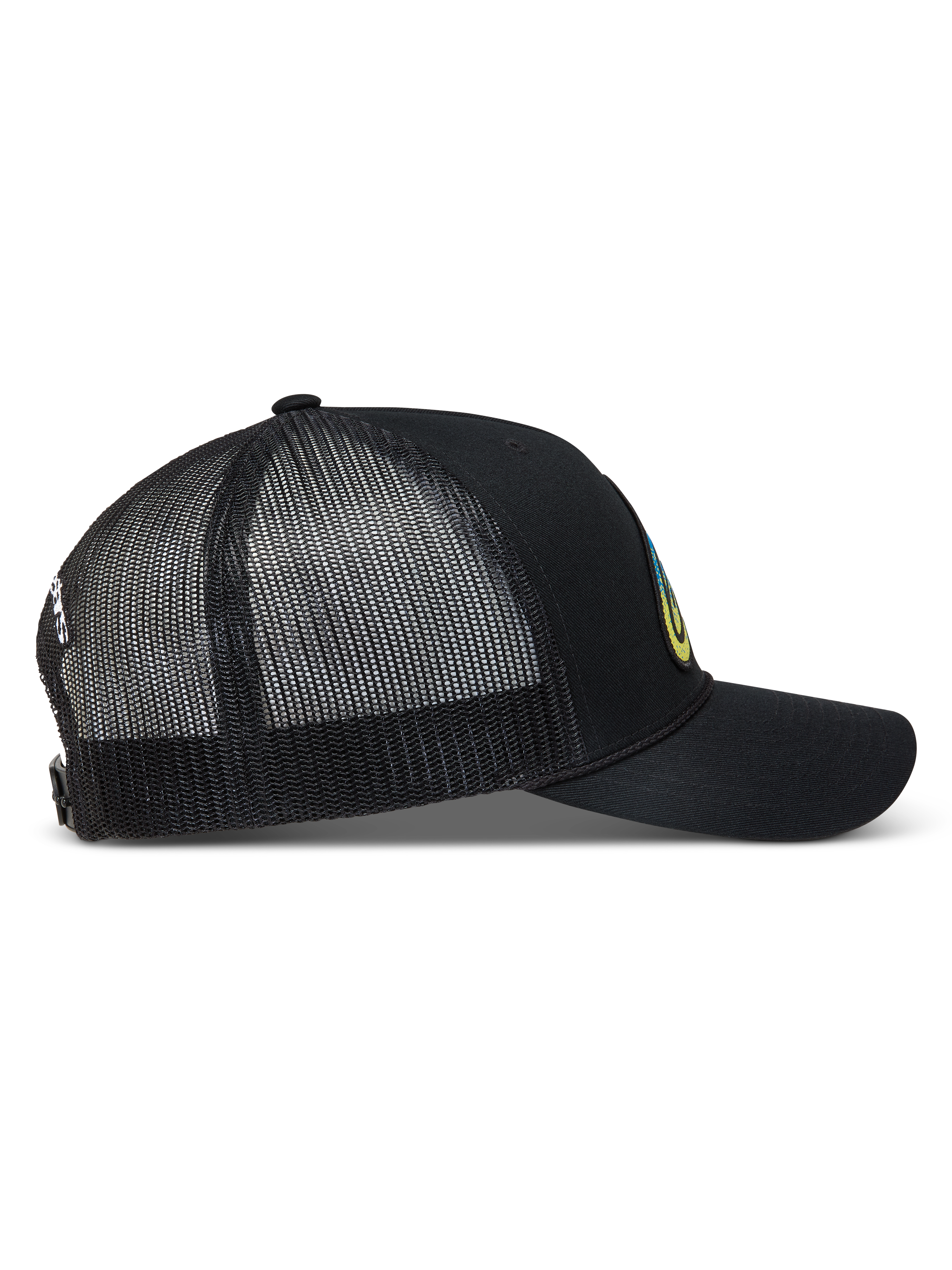 Alpinestars Meteorite Trucker Hat, czarna czapka z daszkiem z oddychającą siatką, zakrzywiony daszek, zapięcie typu snapback.