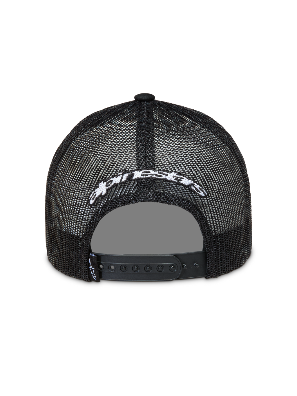 Alpinestars Meteorite Trucker, czarna czapka z daszkiem, siatkowy tył z białym logo i regulowanym zapięciem snapback.