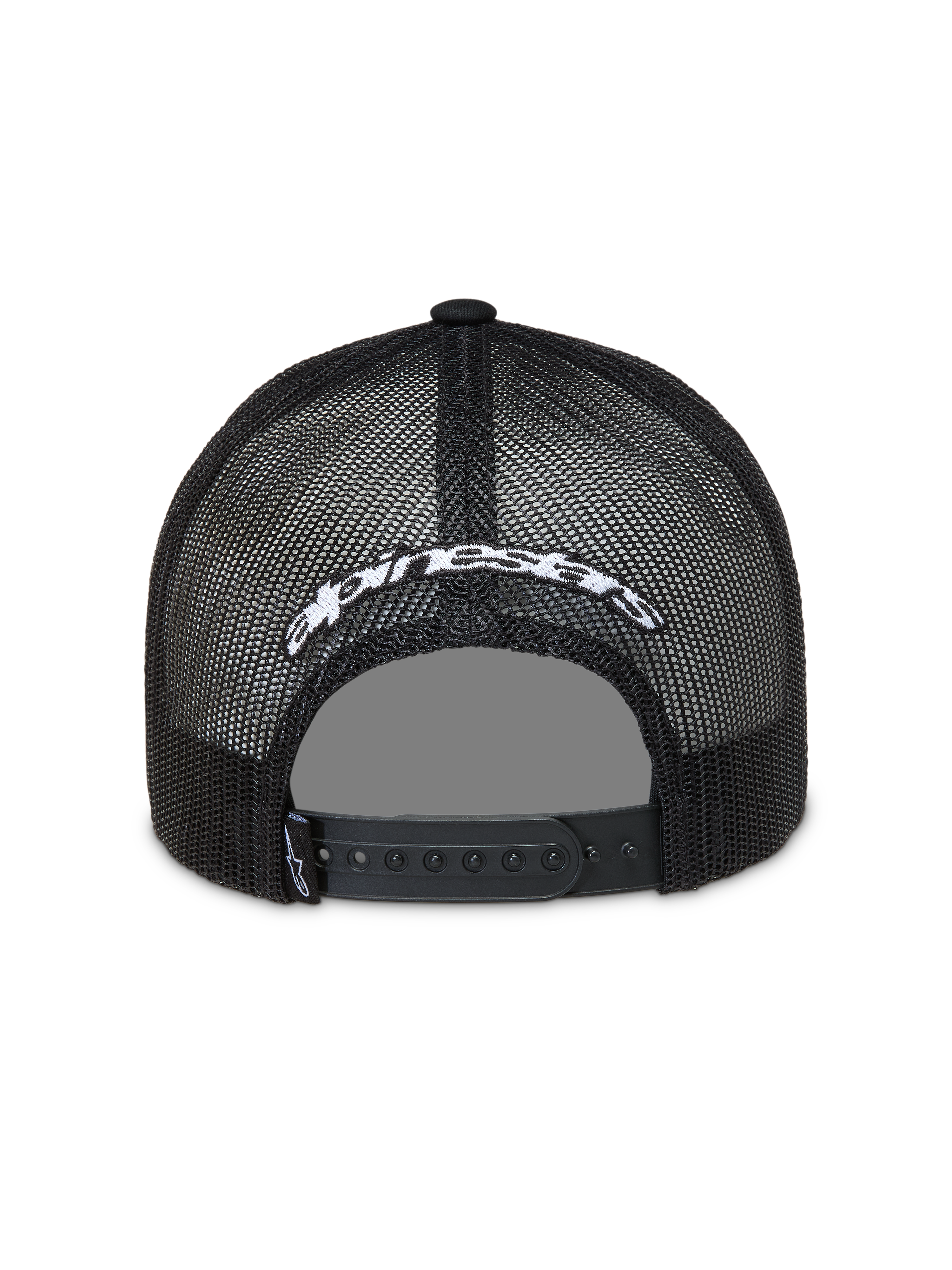 Alpinestars Meteorite Trucker, czarna czapka z daszkiem, siatkowy tył z białym logo i regulowanym zapięciem snapback.