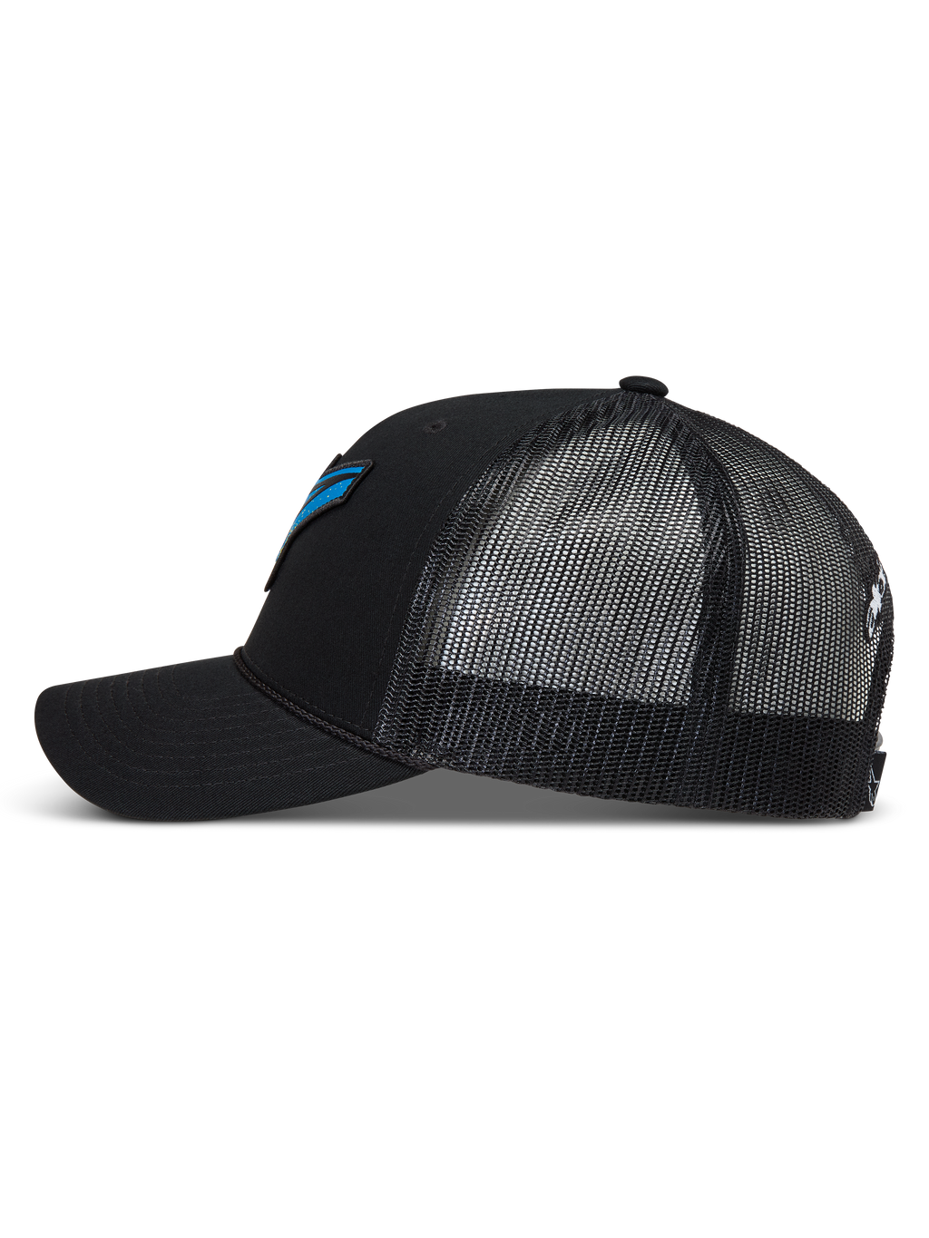 Alpinestars Meteorite Trucker, czarna czapka z daszkiem, oddychająca siatka z tyłu, zakrzywiony daszek, niebieskie logo Astars.