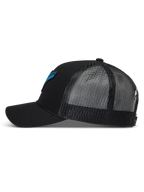 Alpinestars Meteorite Trucker, czarna czapka z daszkiem, oddychająca siatka z tyłu, zakrzywiony daszek, niebieskie logo Astars.