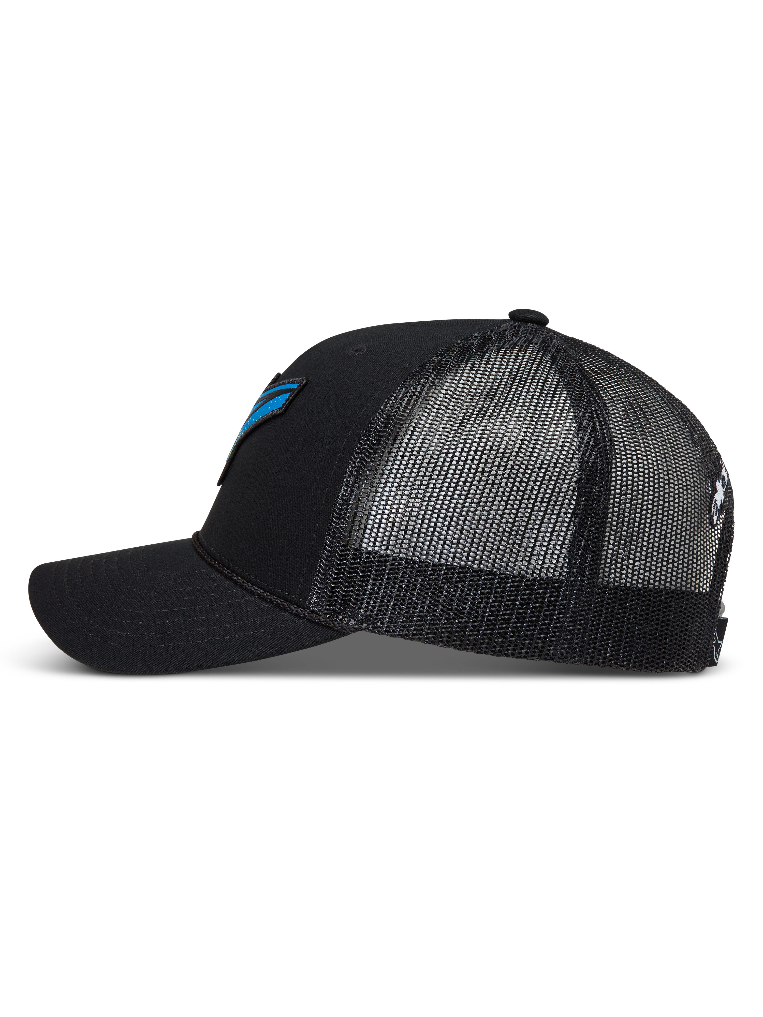Alpinestars Meteorite Trucker, czarna czapka z daszkiem, oddychająca siatka z tyłu, zakrzywiony daszek, niebieskie logo Astars.