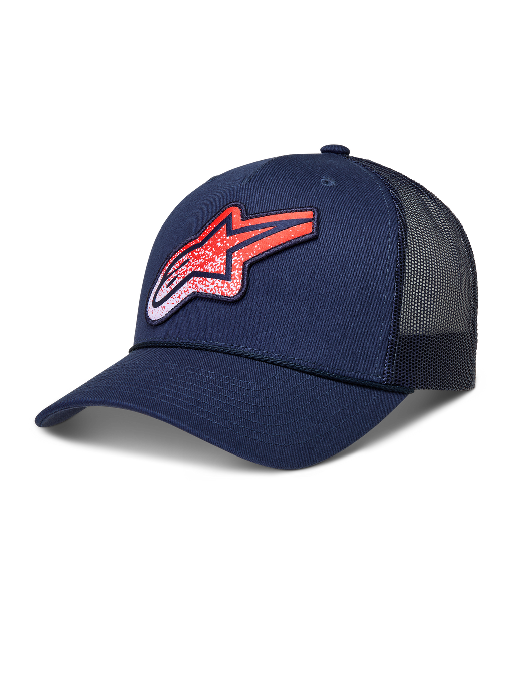 Alpinestars Meteorite Trucker Hat, czapka z daszkiem lifestyle, granatowa i czerwona, usztywniona korona, zakrzywiony daszek, przewiewne panele z siatki, teksturowana naszywka z logo Astars.