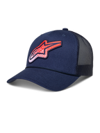 Alpinestars Meteorite Trucker Hat, czapka z daszkiem lifestyle, granatowa i czerwona, usztywniona korona, zakrzywiony daszek, przewiewne panele z siatki, teksturowana naszywka z logo Astars.