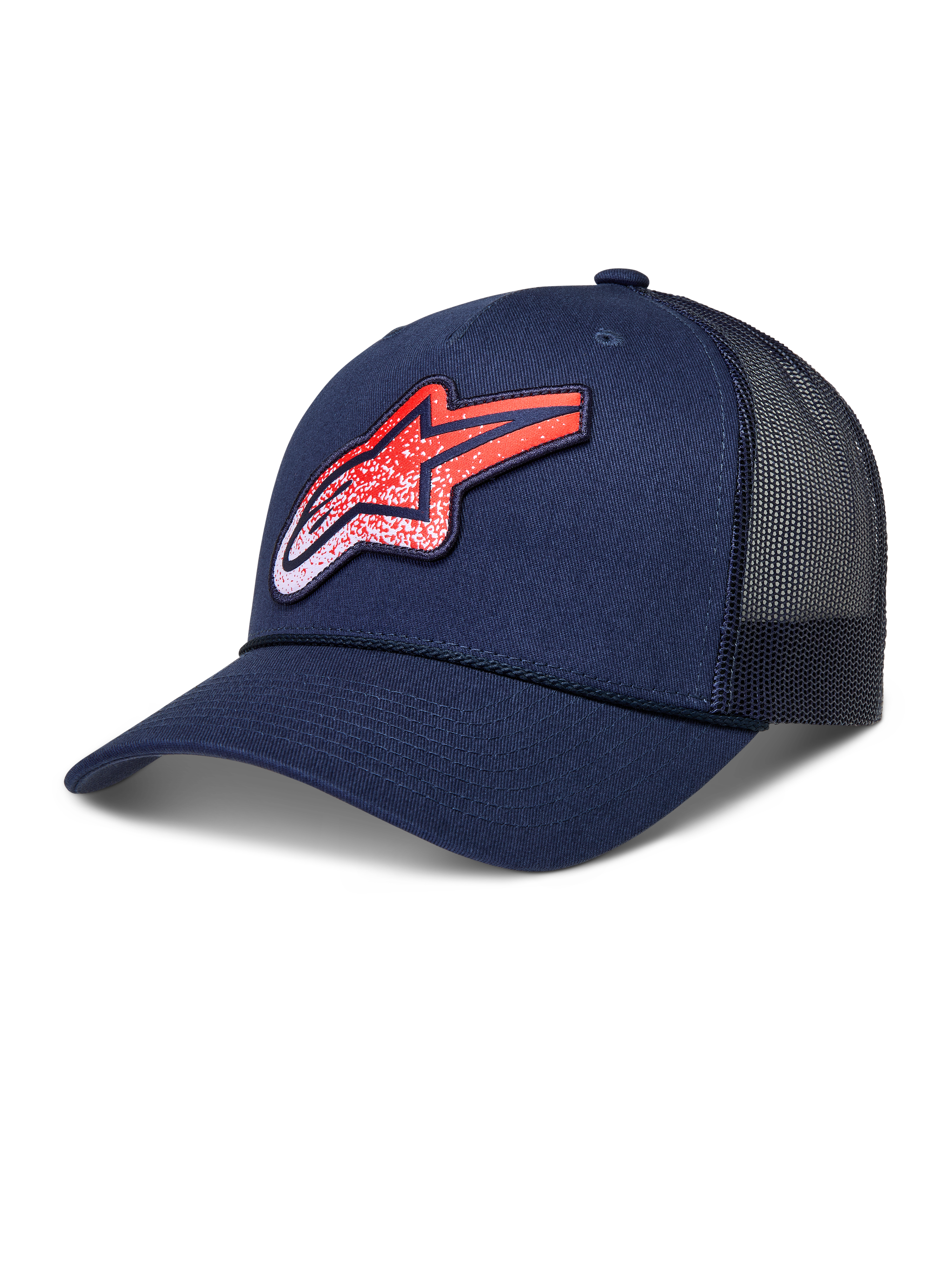Alpinestars Meteorite Trucker Hat, czapka z daszkiem lifestyle, granatowa i czerwona, usztywniona korona, zakrzywiony daszek, przewiewne panele z siatki, teksturowana naszywka z logo Astars.