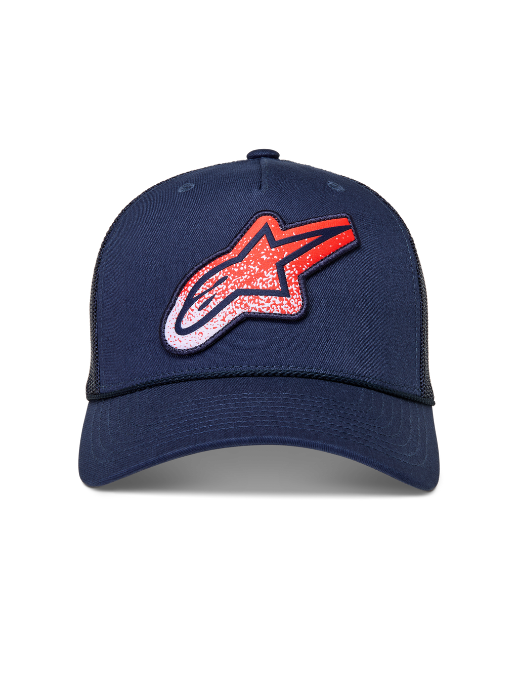 Alpinestars Meteorite Trucker, granatowa czapka z daszkiem, siatkowy tył, czerwono-białe logo z teksturą żwiru.