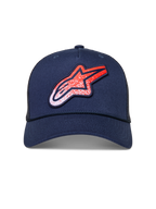 Alpinestars Meteorite Trucker, granatowa czapka z daszkiem, siatkowy tył, czerwono-białe logo z teksturą żwiru.