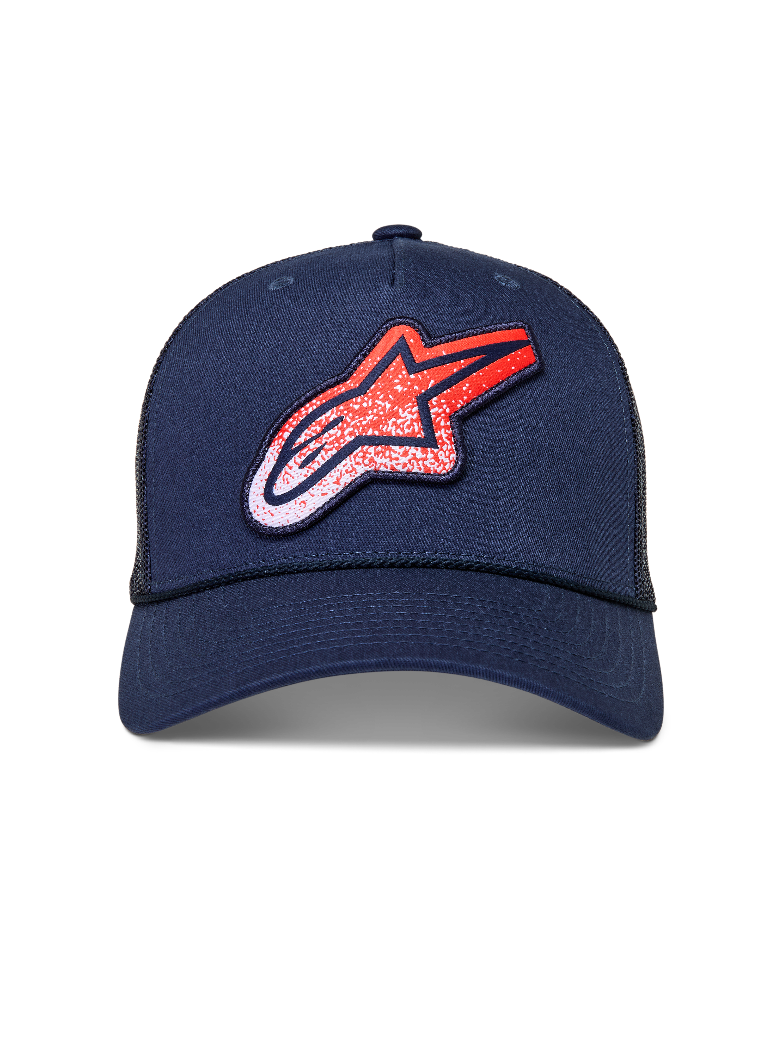 Alpinestars Meteorite Trucker, granatowa czapka z daszkiem, siatkowy tył, czerwono-białe logo z teksturą żwiru.