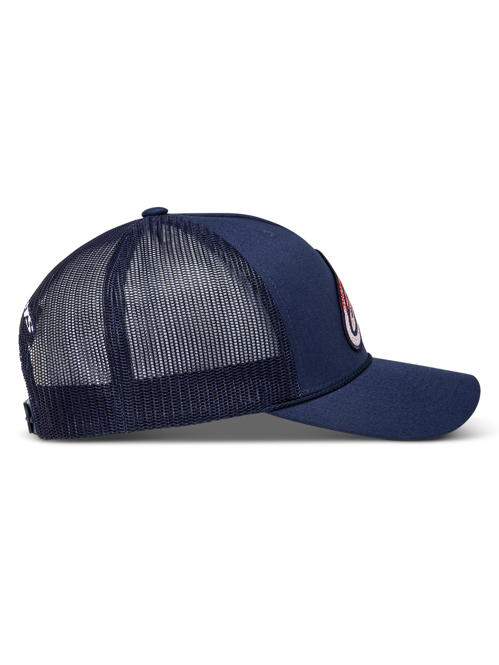 Alpinestars Meteorite Trucker, granatowa czapka z daszkiem, siatkowy tył, zakrzywiony daszek, widok z boku, styl sportowy
