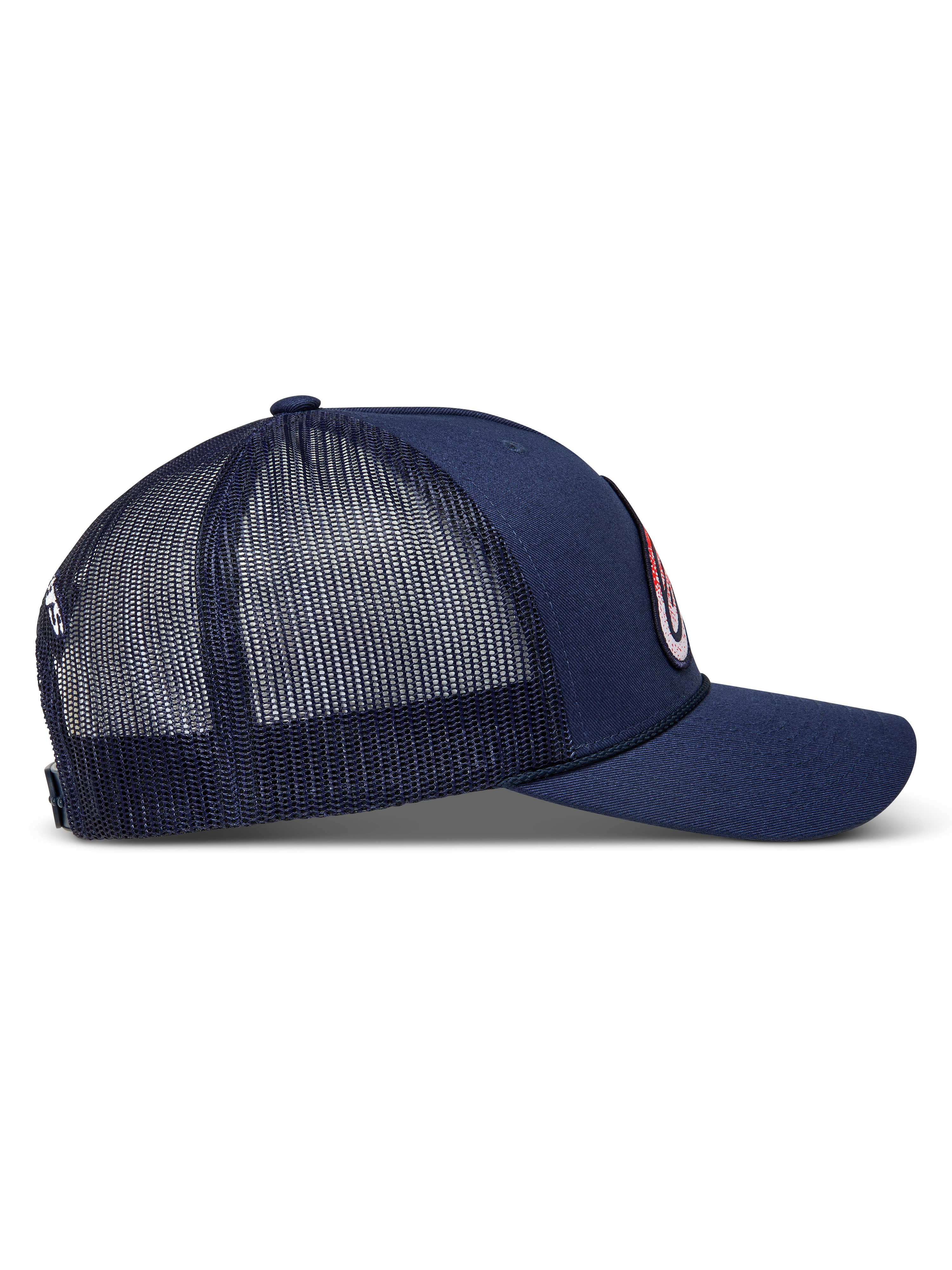 Alpinestars Meteorite Trucker, granatowa czapka z daszkiem, siatkowy tył, zakrzywiony daszek, widok z boku, styl sportowy