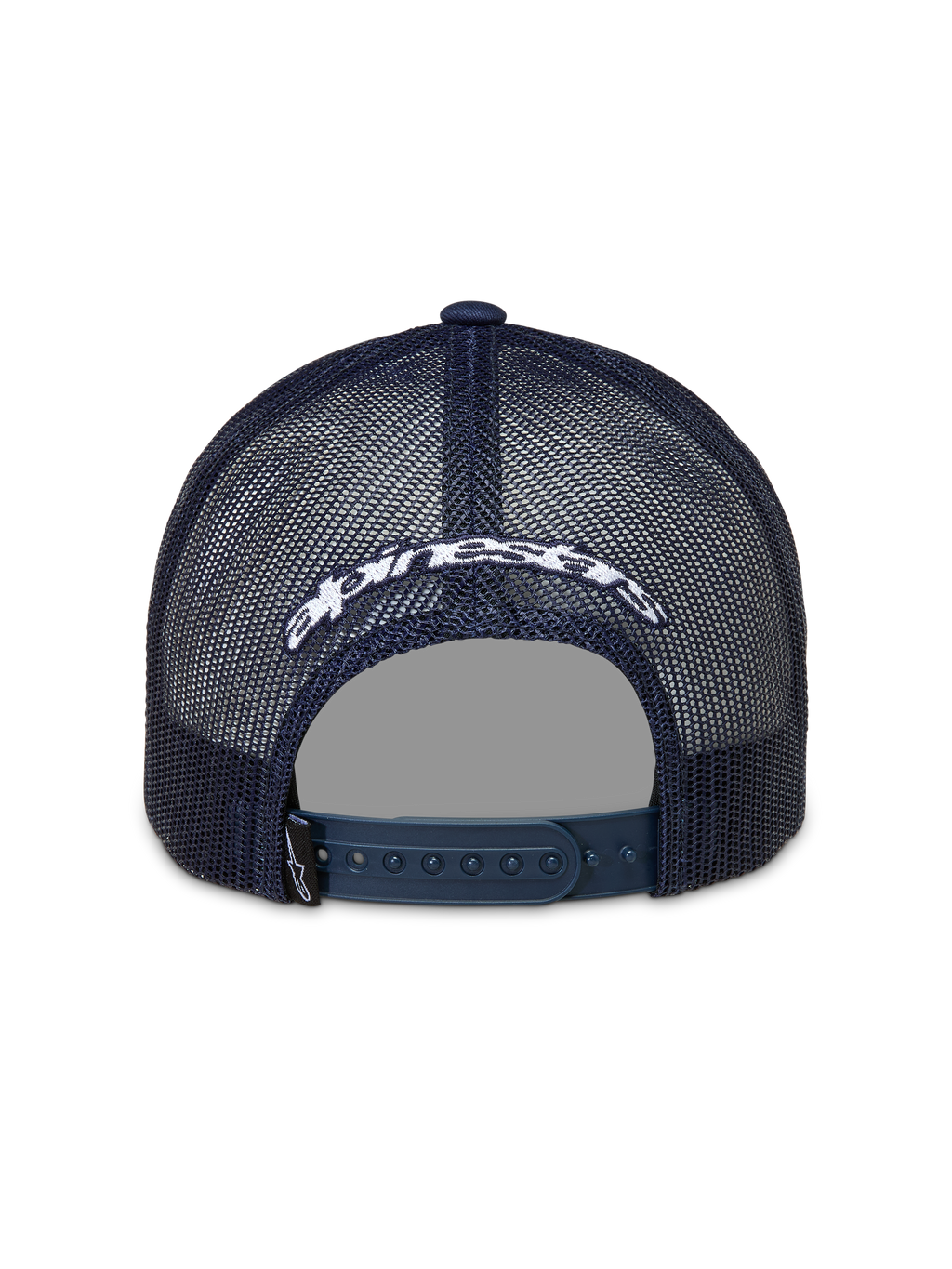 Alpinestars Meteorite Trucker, granatowa czapka z daszkiem, tył z siateczki, białe haftowane logo i zapięcie snapback.