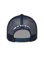 Alpinestars Meteorite Trucker, granatowa czapka z daszkiem, tył z siateczki, białe haftowane logo i zapięcie snapback.