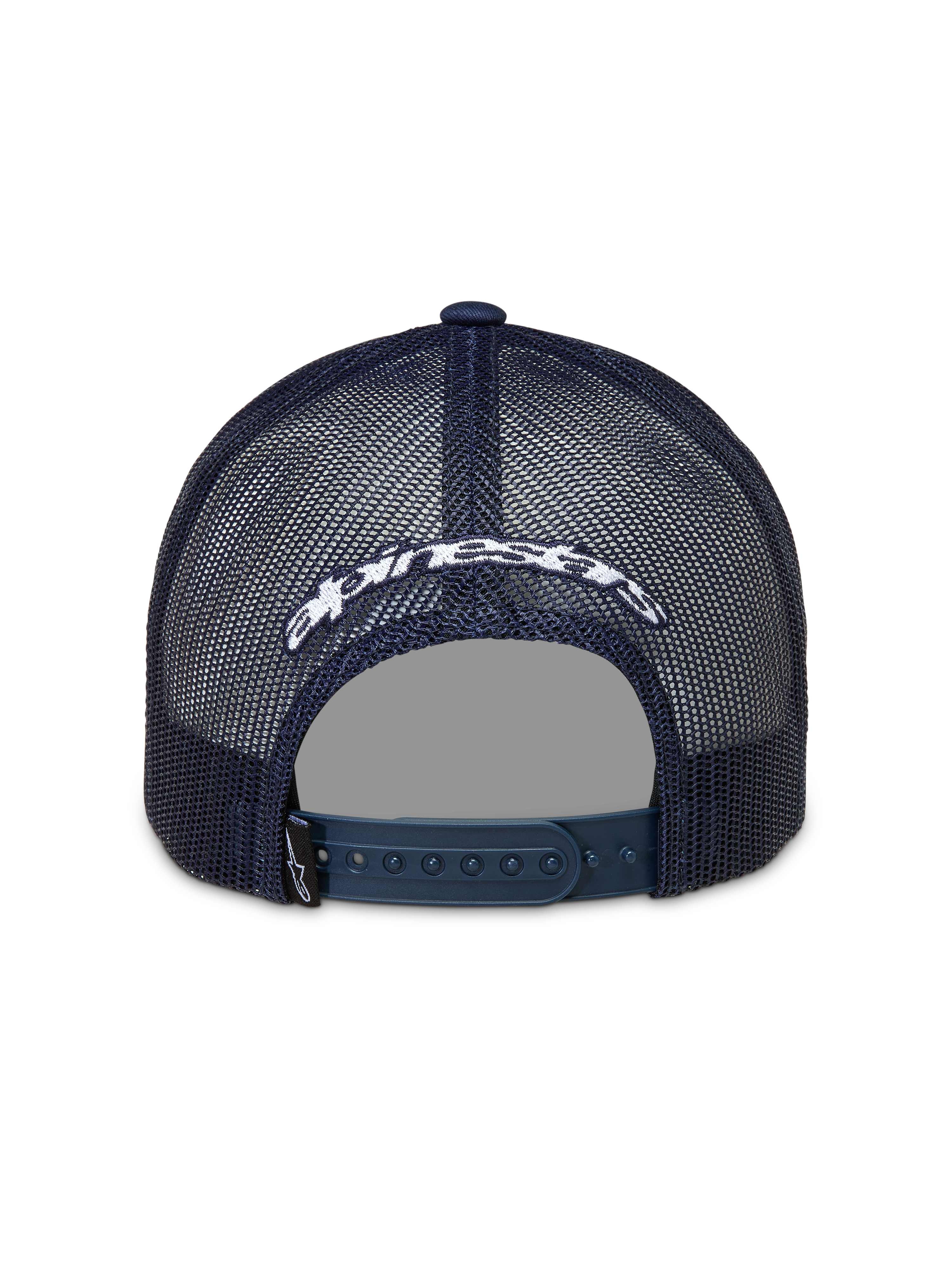 Alpinestars Meteorite Trucker, granatowa czapka z daszkiem, tył z siateczki, białe haftowane logo i zapięcie snapback.