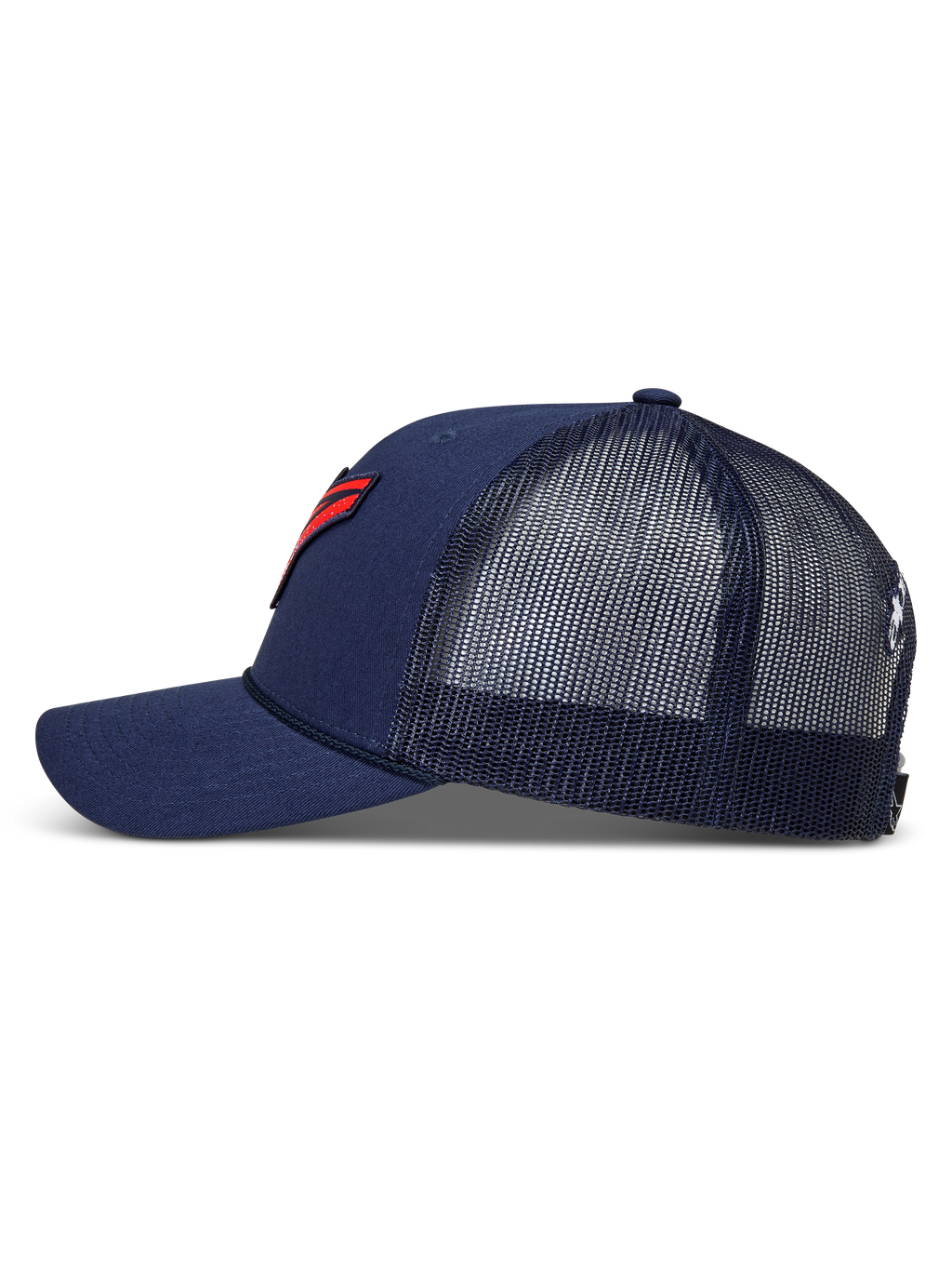 Alpinestars Meteorite Trucker, granatowa czapka z daszkiem z siateczką i czerwonym logo z teksturą żwiru.