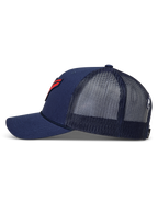 Alpinestars Meteorite Trucker, granatowa czapka z daszkiem z siateczką i czerwonym logo z teksturą żwiru.