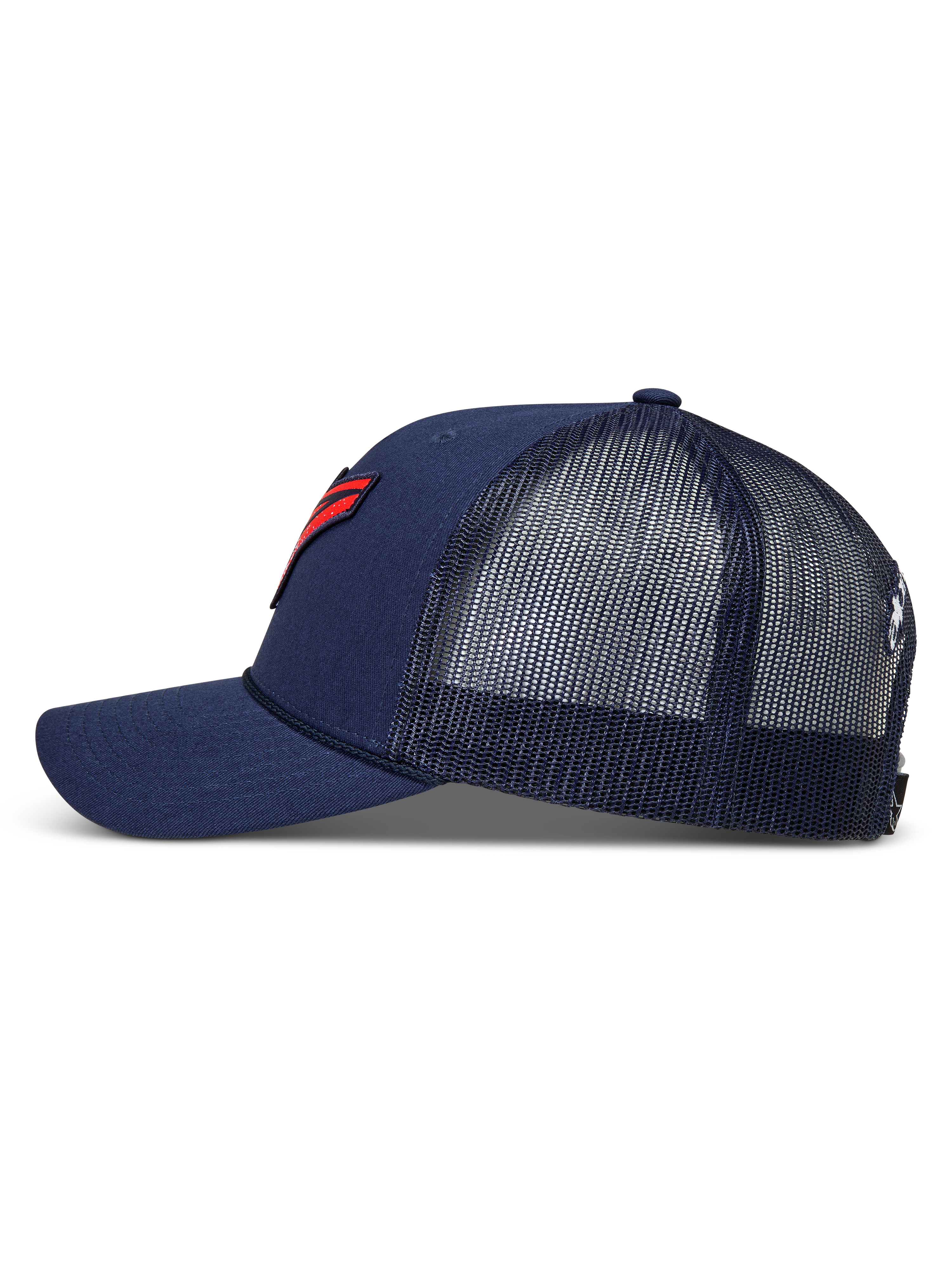 Alpinestars Meteorite Trucker, granatowa czapka z daszkiem z siateczką i czerwonym logo z teksturą żwiru.