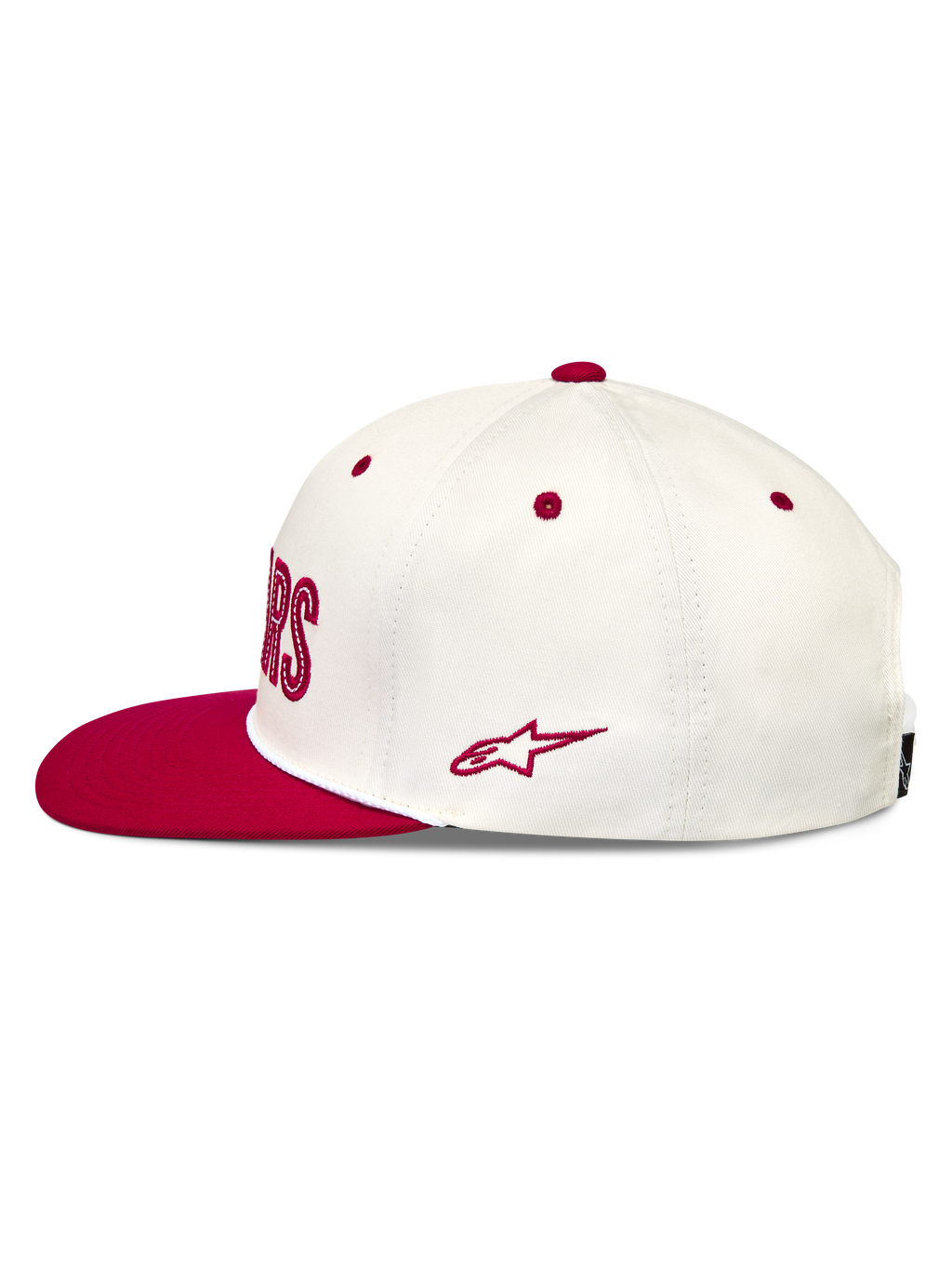 Alpinestars Stadium Snapback Hat, off-white and red flat bill cap in cotton twill with an embroidered Astars side logo.