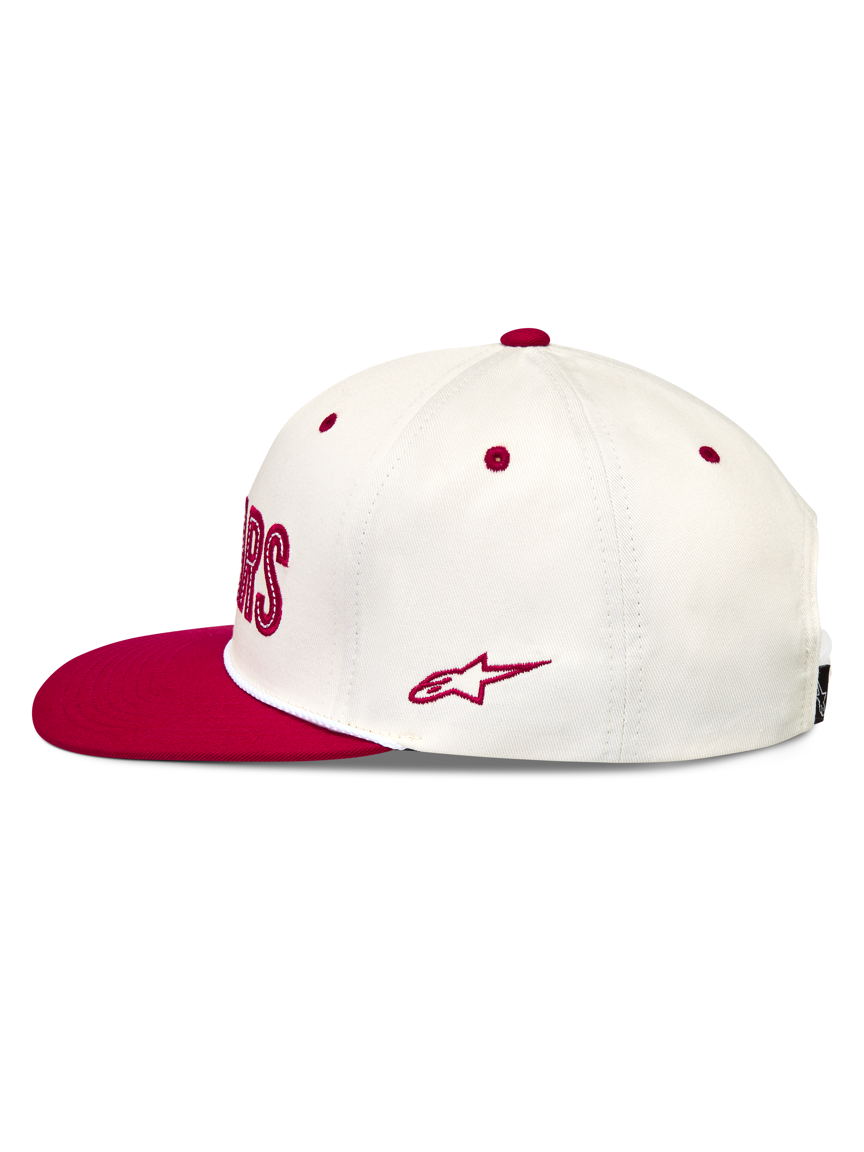 Alpinestars Stadium Snapback Hat, off-white and red flat bill cap in cotton twill with an embroidered Astars side logo.