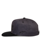 Alpinestars Stadium Snapback Hat, Dark Gray and Black sportswear cap with a flat bill, structured crown, and side embroidery.