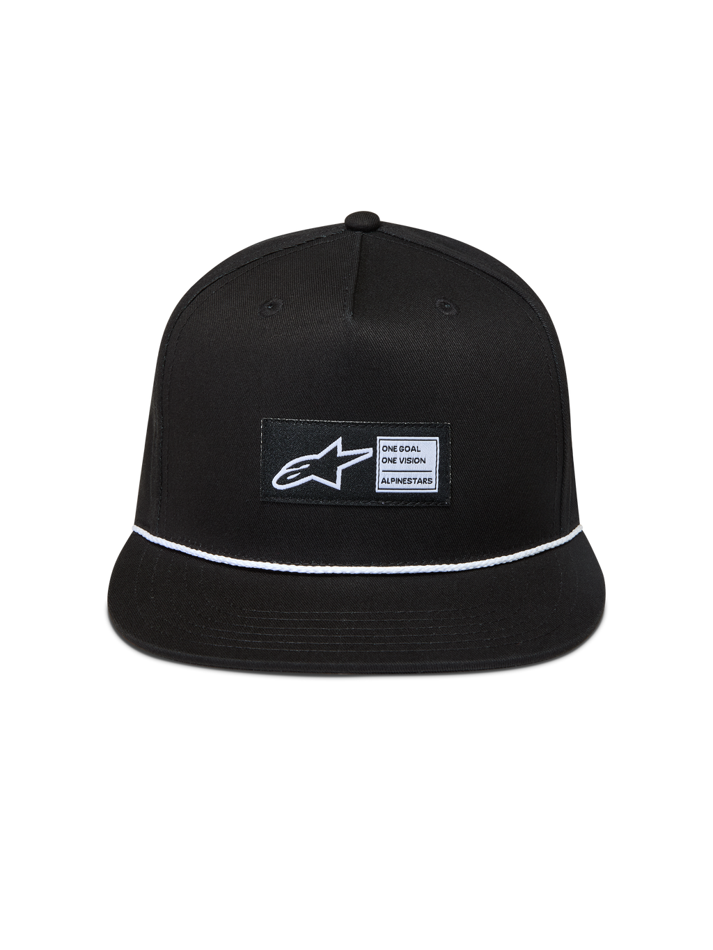 Alpinestars Label Snapback Hat, Black Twill Sportswear Cap with Flat Bill, White Braided Rope, and Woven Astars Logo.