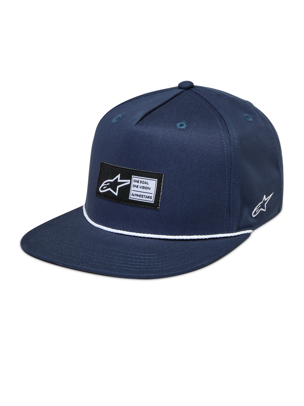 Alpinestars Label Snapback, granatowa czapka sportowa z płaskim daszkiem, naszywką z logo i białym sznurkiem.
