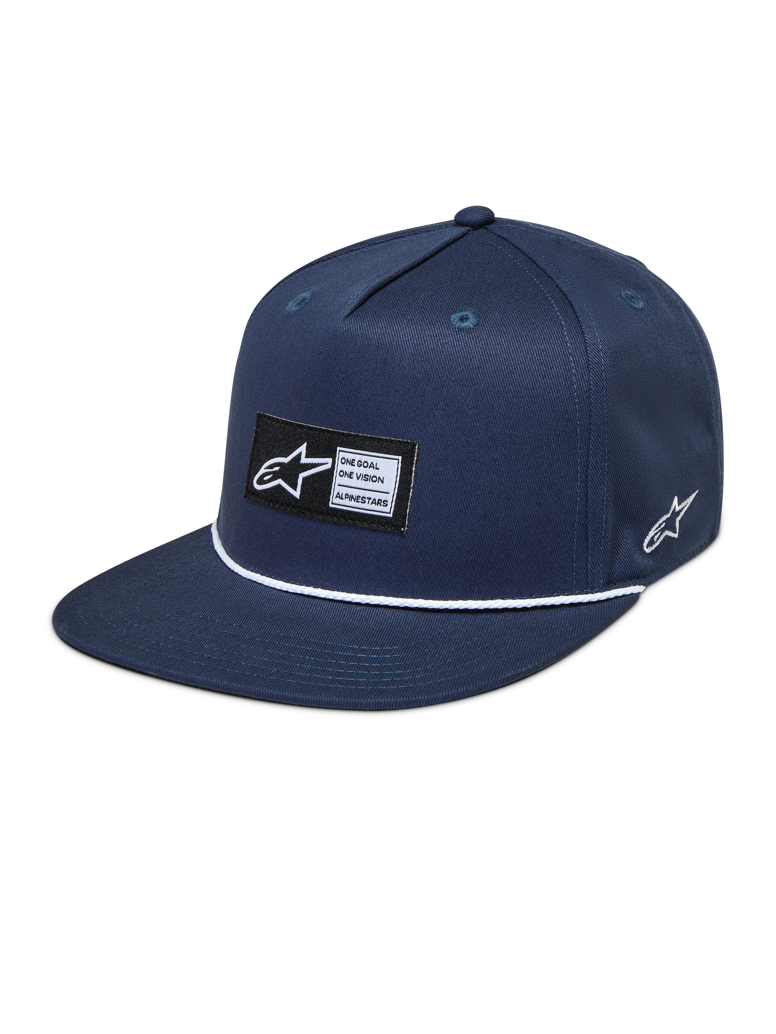 Alpinestars Label Snapback, granatowa czapka sportowa z płaskim daszkiem, naszywką z logo i białym sznurkiem.