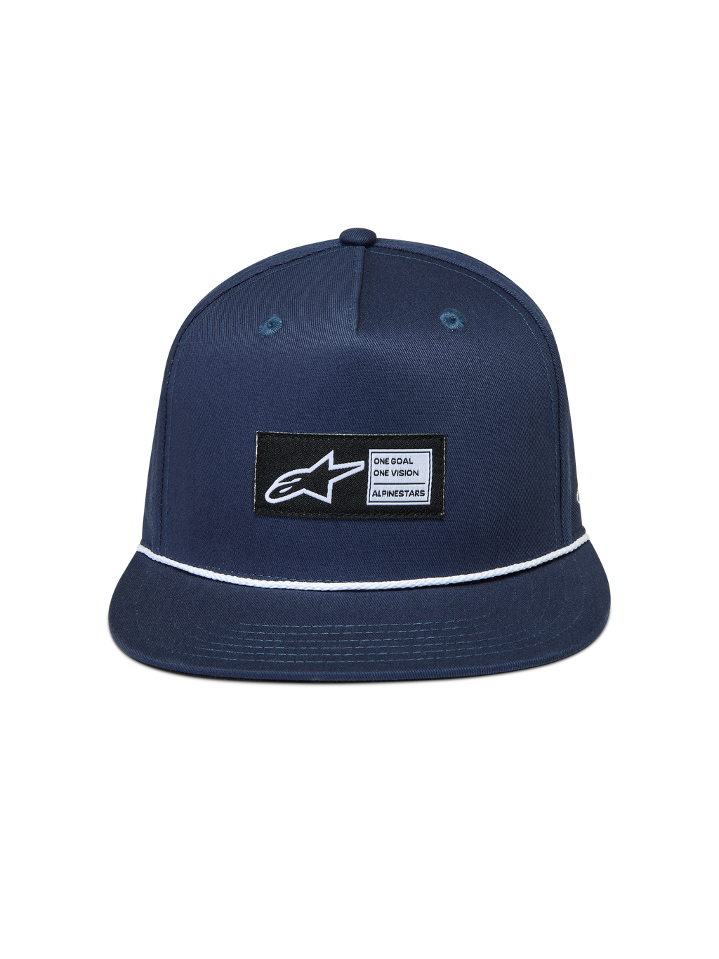 Alpinestars Label Snapback, niebieska czapka z daszkiem typu snapback z kepru, płaski daszek z białym ozdobnym sznurkiem i tkaną naszywką z logo Astars.