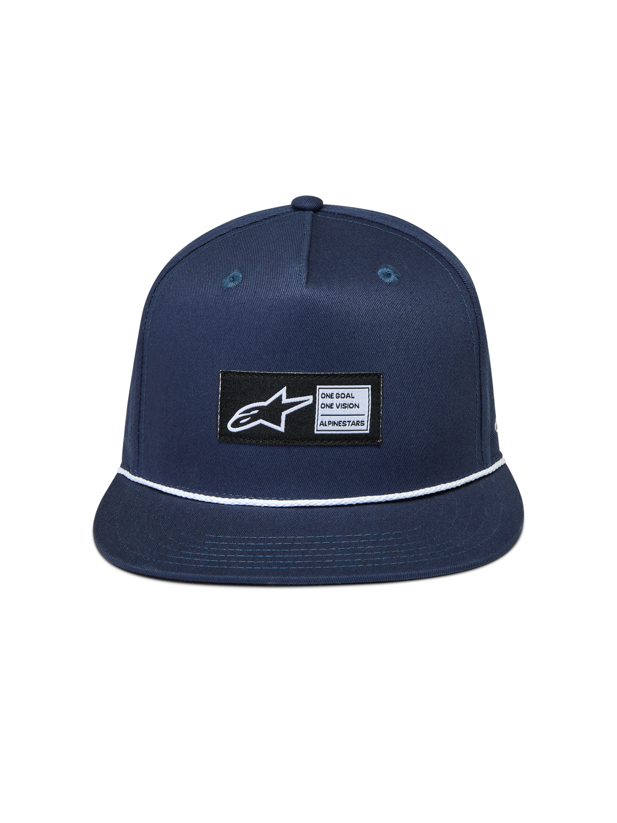 Alpinestars Label Snapback, niebieska czapka z daszkiem typu snapback z kepru, płaski daszek z białym ozdobnym sznurkiem i tkaną naszywką z logo Astars.