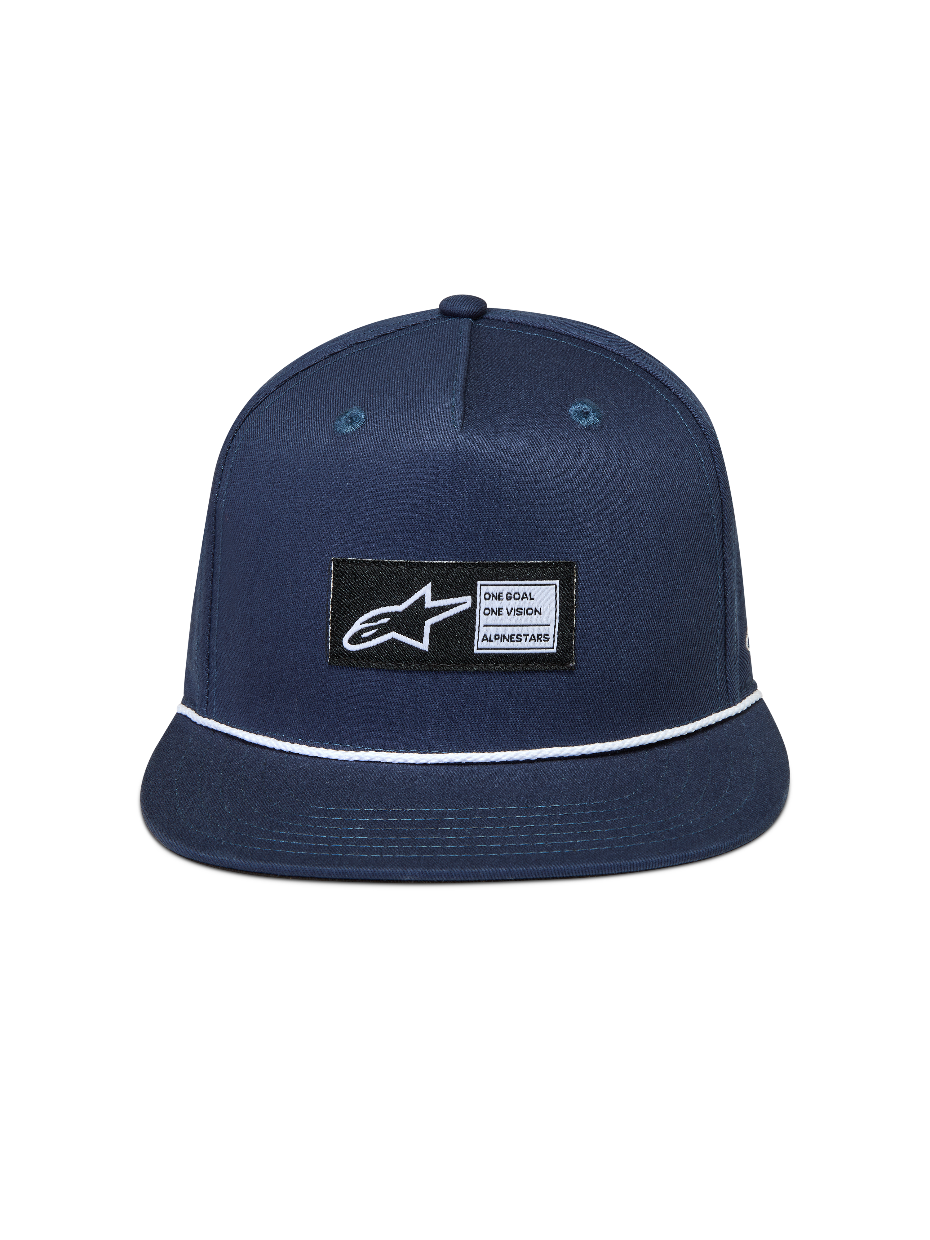 Alpinestars Label Snapback, niebieska czapka z daszkiem typu snapback z kepru, płaski daszek z białym ozdobnym sznurkiem i tkaną naszywką z logo Astars.
