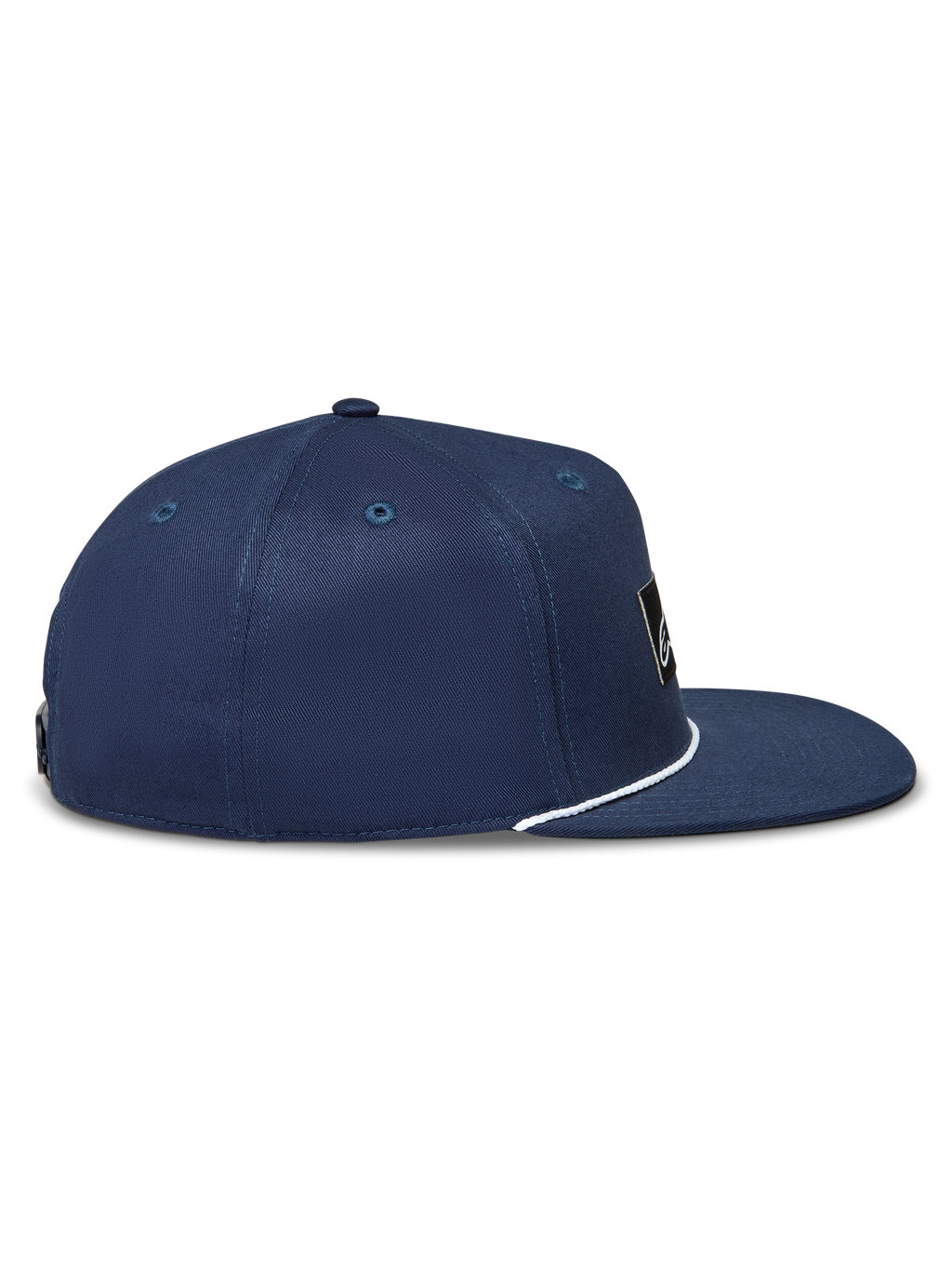Alpinestars Label Snapback Hat, granatowa czapka z daszkiem z kepru, widok z boku, płaski daszek i biały sznurek.