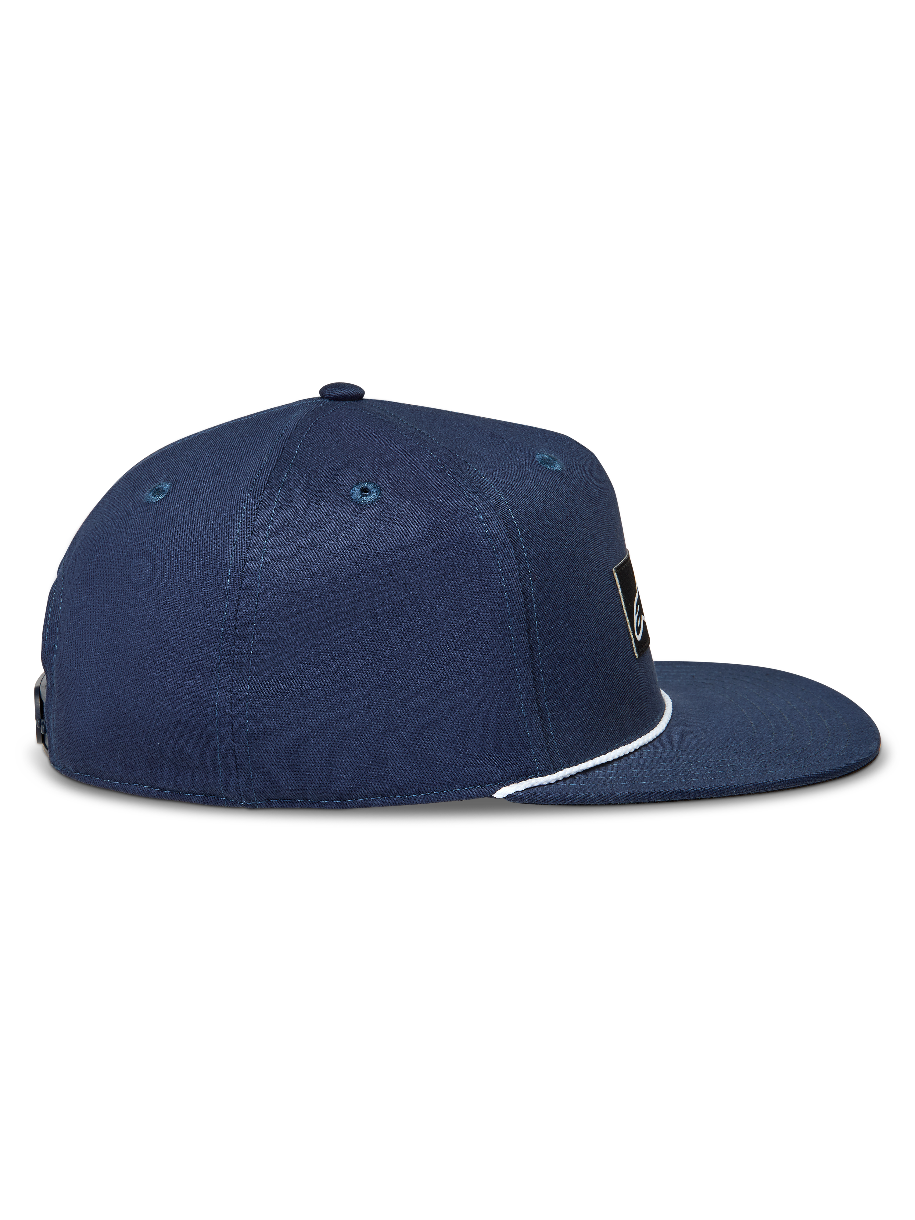 Alpinestars Label Snapback Hat, granatowa czapka z daszkiem z kepru, widok z boku, płaski daszek i biały sznurek.