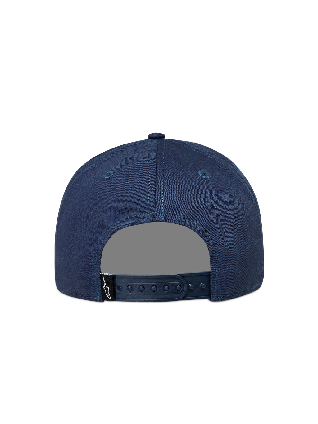Alpinestars Label Snapback, granatowa czapka sportowa z kepru, widok z tyłu z regulowanym zapięciem i logo.