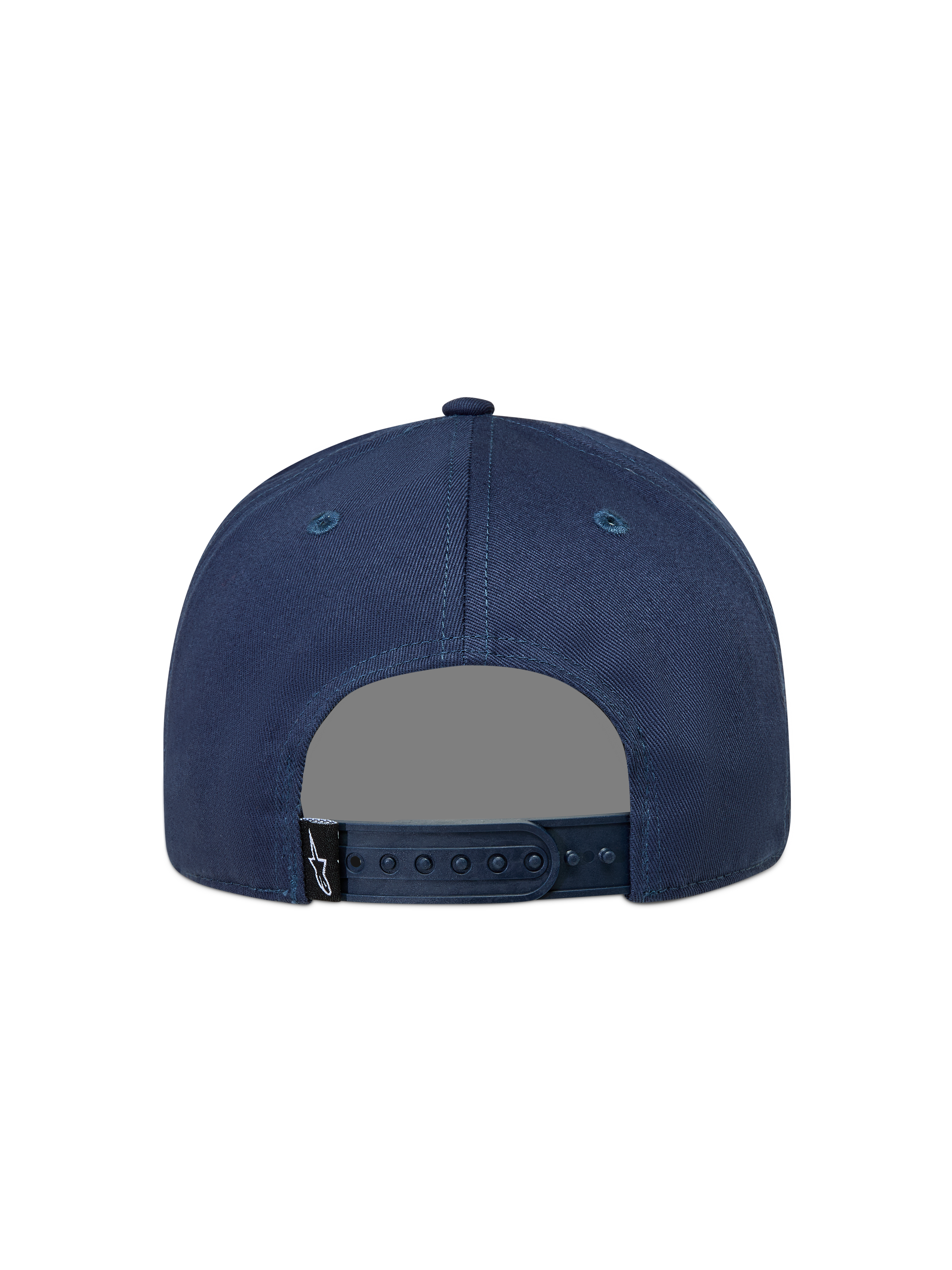 Alpinestars Label Snapback, granatowa czapka sportowa z kepru, widok z tyłu z regulowanym zapięciem i logo.