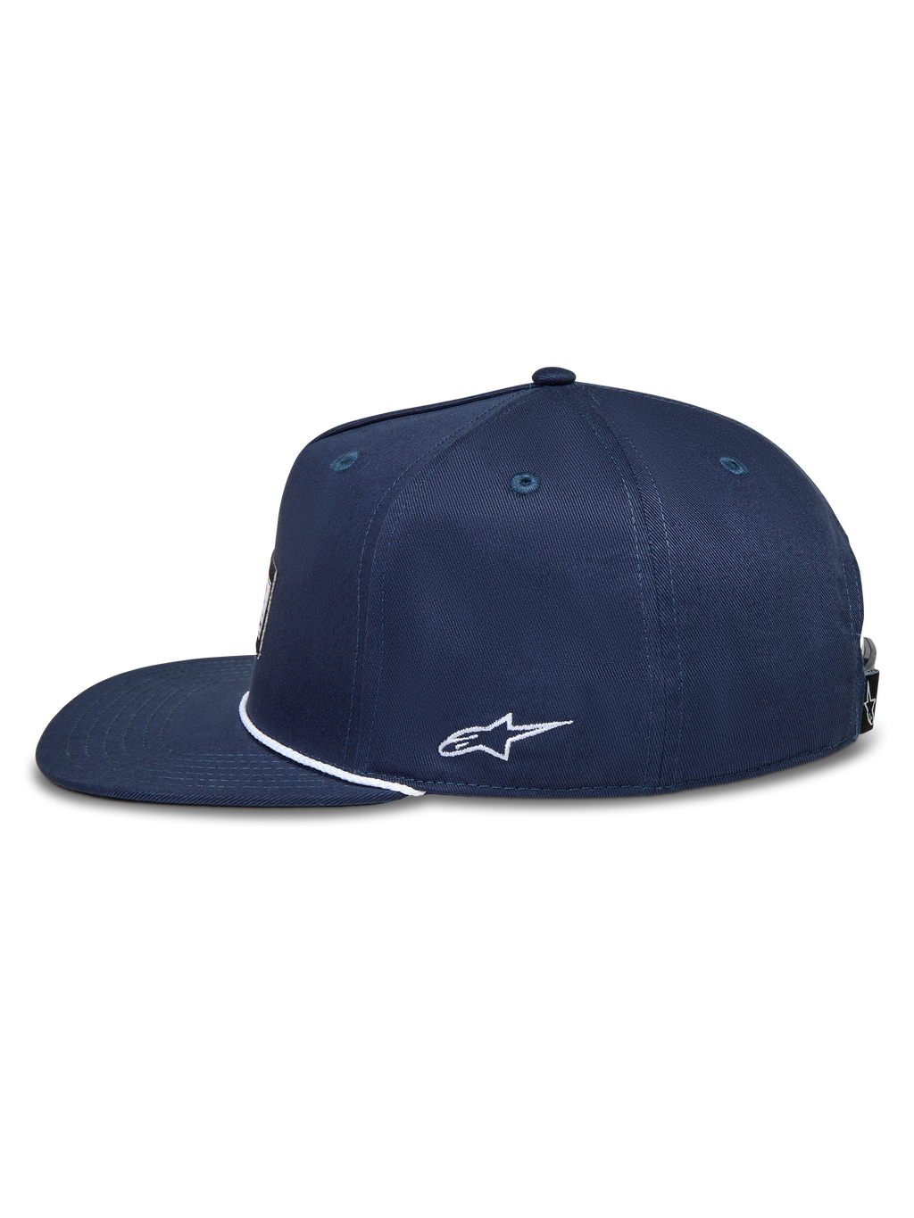 Alpinestars Label Snapback, granatowa czapka sportowa z płaskim daszkiem i białym haftem logo Astars z boku.