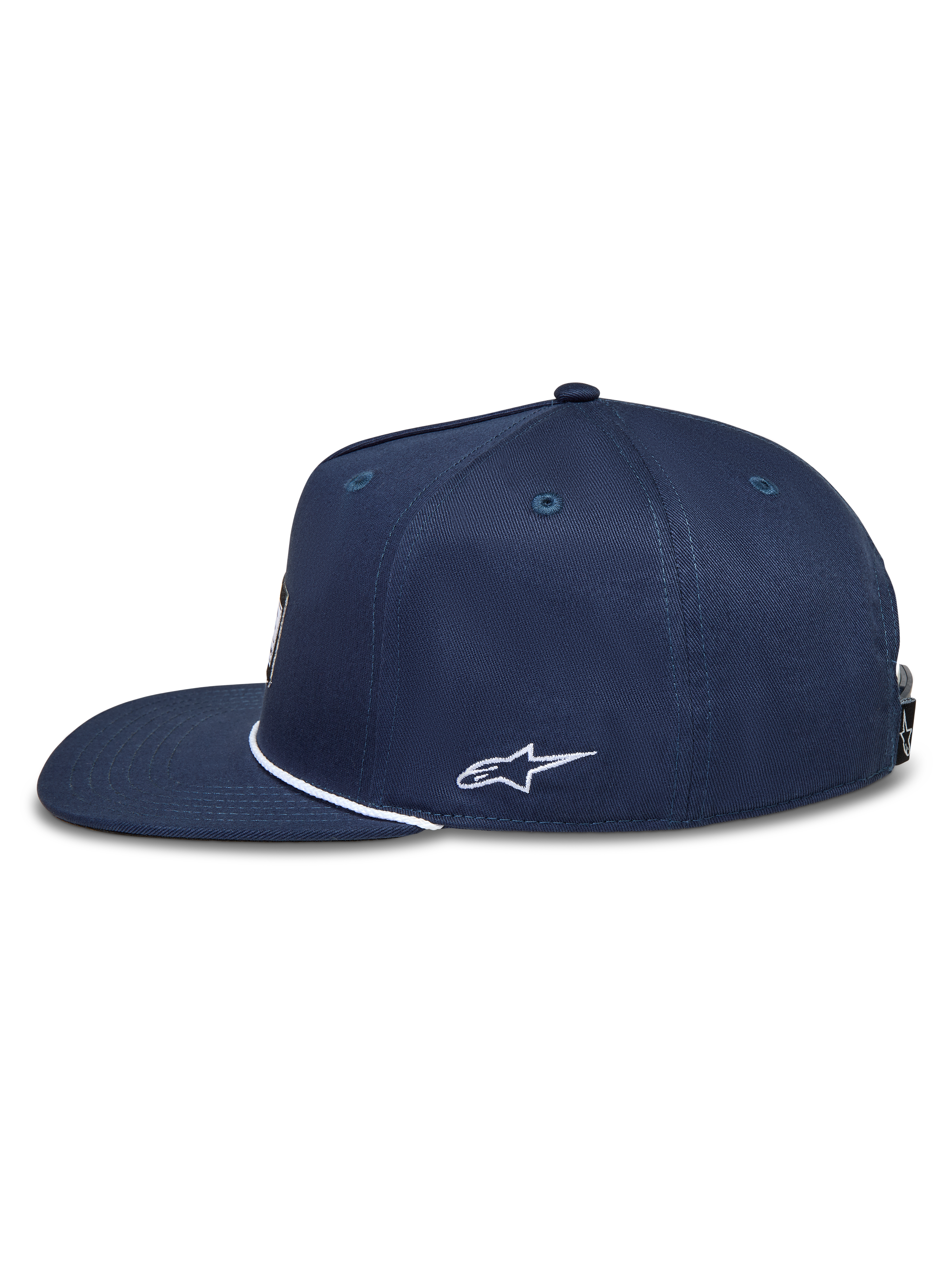 Alpinestars Label Snapback, granatowa czapka sportowa z płaskim daszkiem i białym haftem logo Astars z boku.