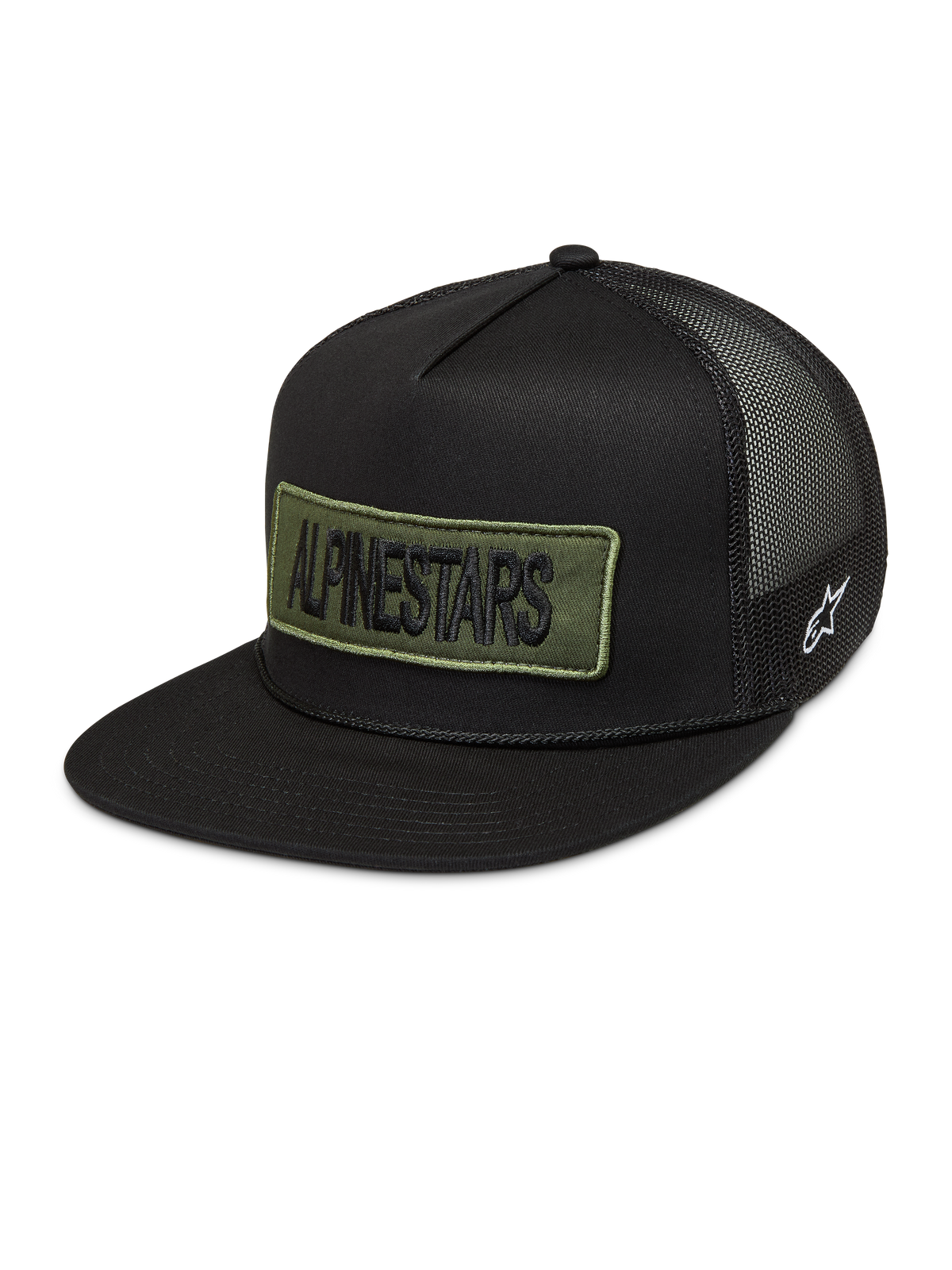 Alpinestars Ten Trucker Hat, czarna czapka z daszkiem typu trucker, oliwkowa naszywka z logo, siateczkowy tył i białe logo.