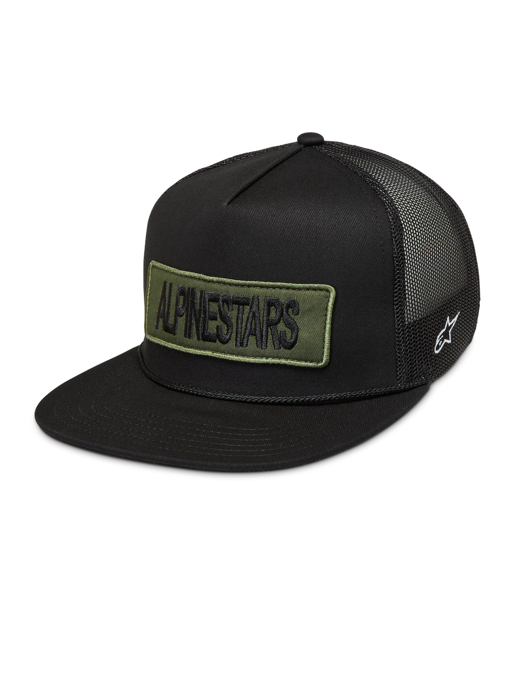 Alpinestars Ten Trucker Hat, czarna czapka z daszkiem typu trucker, oliwkowa naszywka z logo, siateczkowy tył i białe logo.