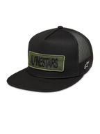 Alpinestars Ten Trucker Hat, czarna czapka z daszkiem typu trucker, oliwkowa naszywka z logo, siateczkowy tył i białe logo.
