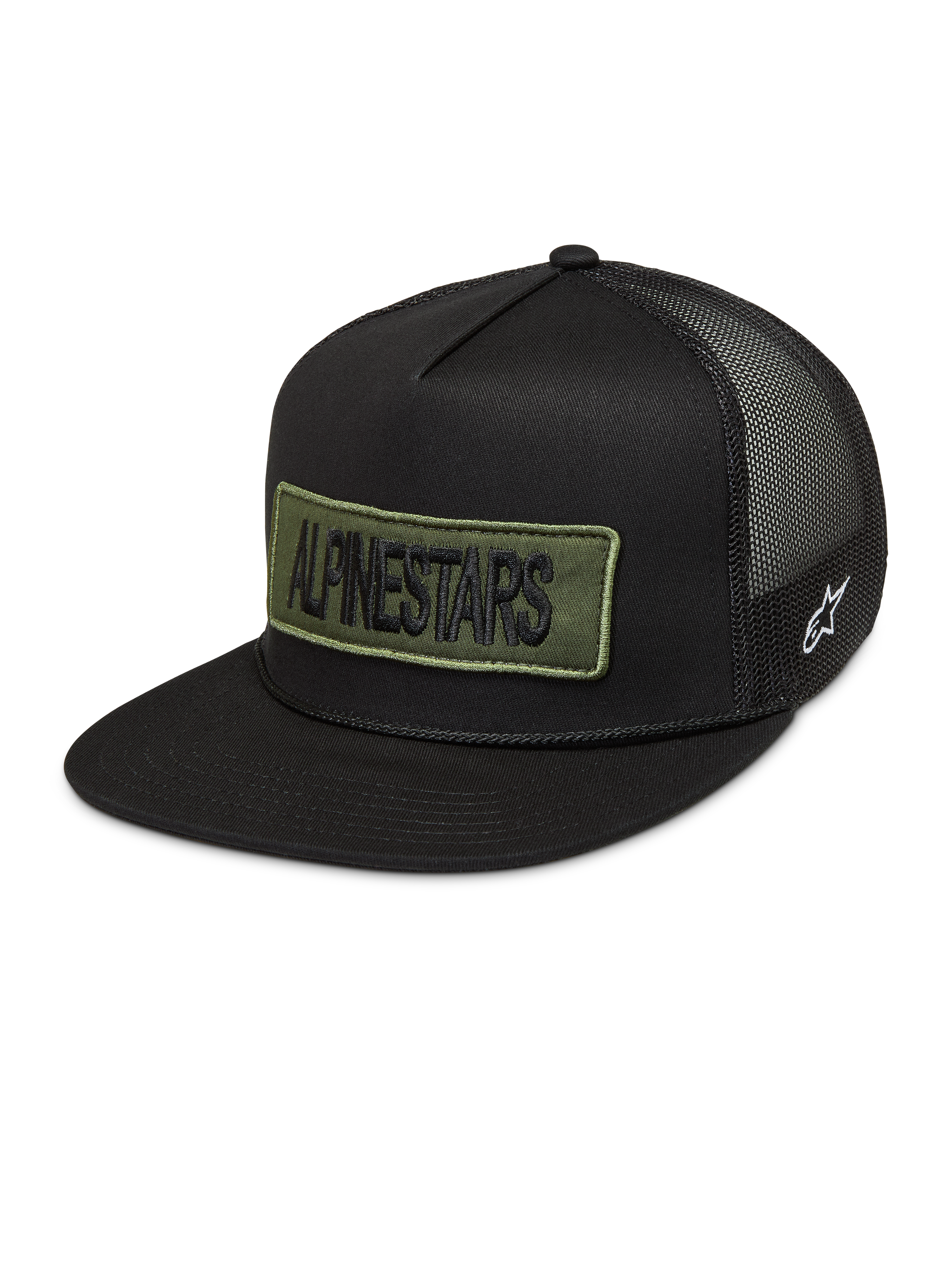 Alpinestars Ten Trucker Hat, czarna czapka z daszkiem typu trucker, oliwkowa naszywka z logo, siateczkowy tył i białe logo.